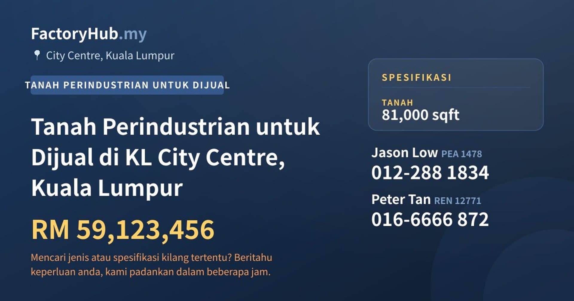 Tanah Perindustrian untuk Dijual di KL City Centre, Kuala Lumpur · Imej hartanah 1/2