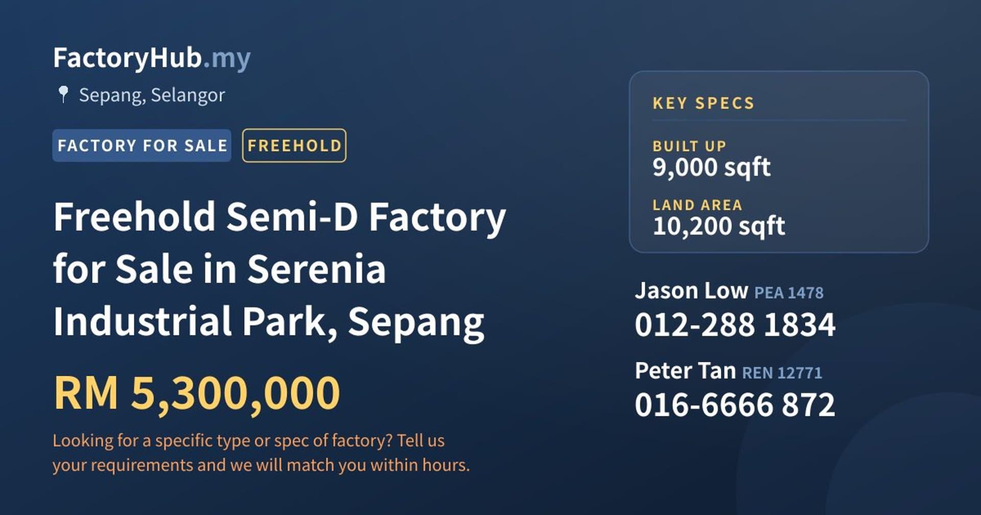 Freehold Semi-D Factory for Sale in Serenia Industrial Park, Sepang - Property image 1 of 2