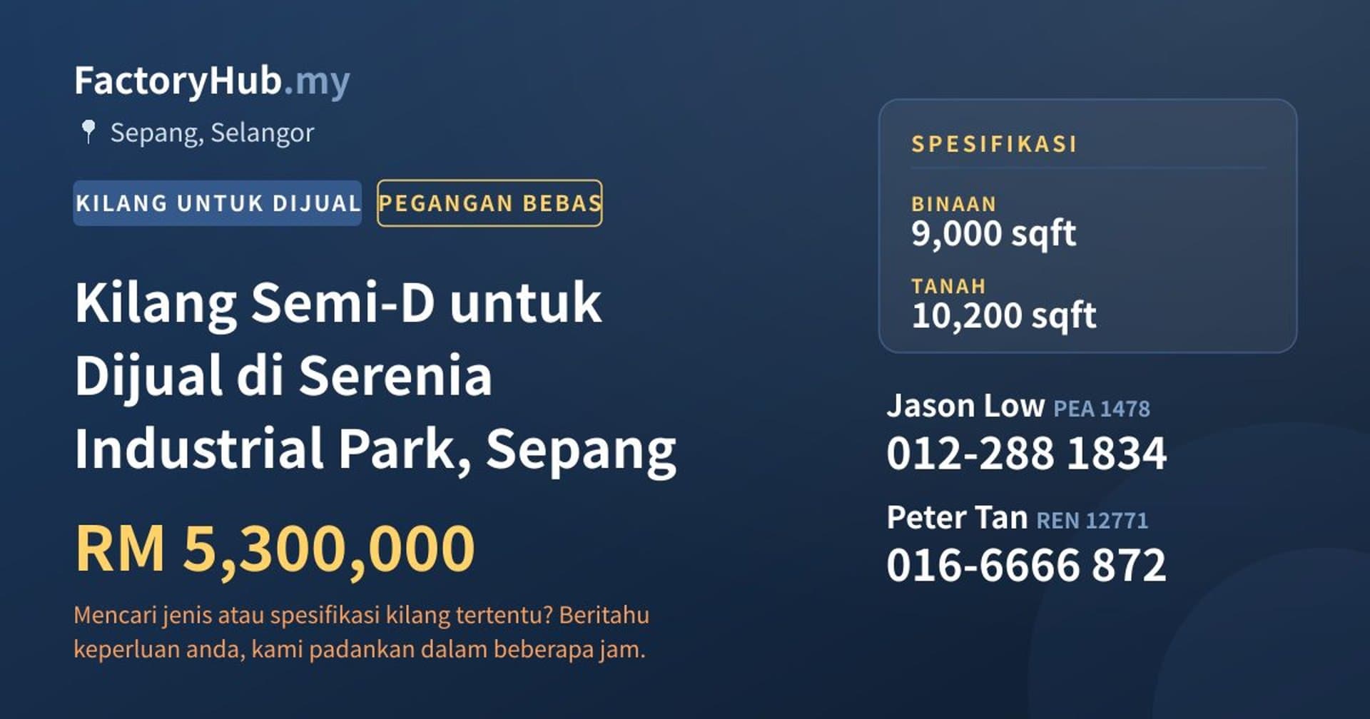 Kilang Semi-D untuk Dijual di Serenia Industrial Park, Sepang · Imej hartanah 1/2