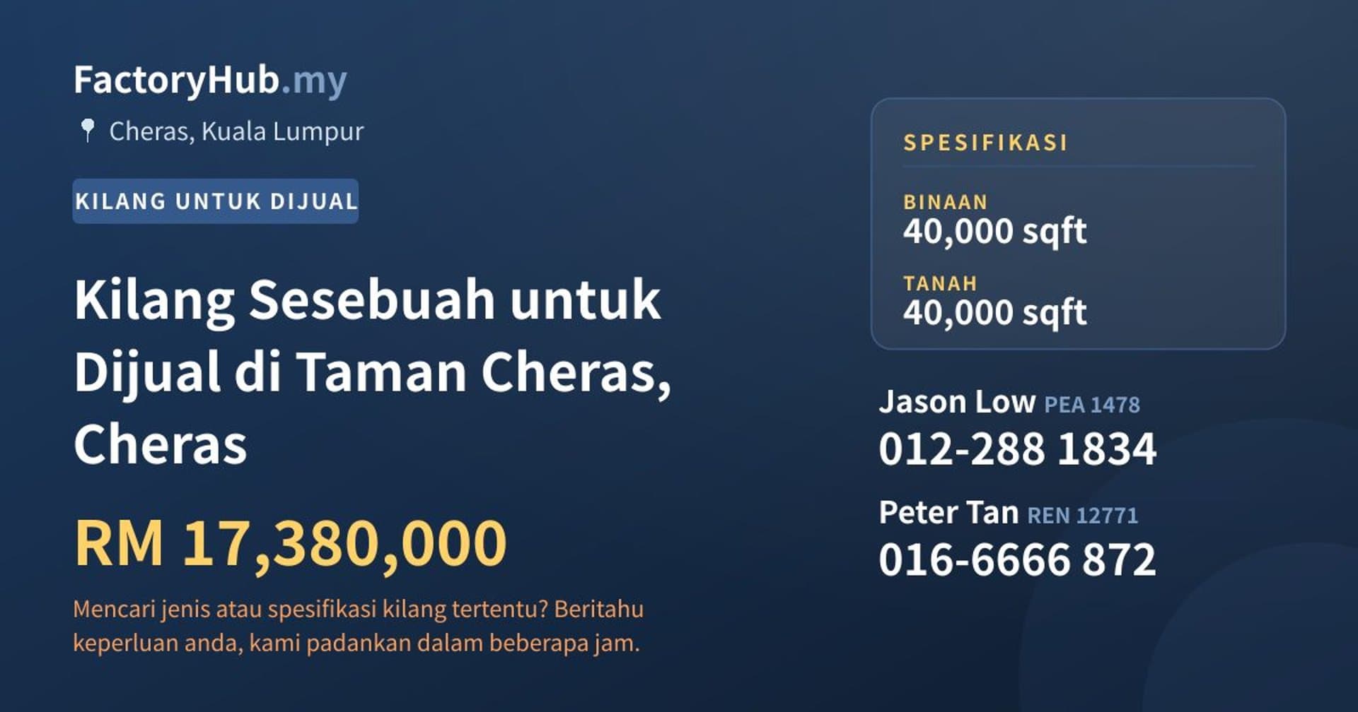 Kilang Sesebuah untuk Dijual di Taman Cheras, Cheras · Imej hartanah 1/2