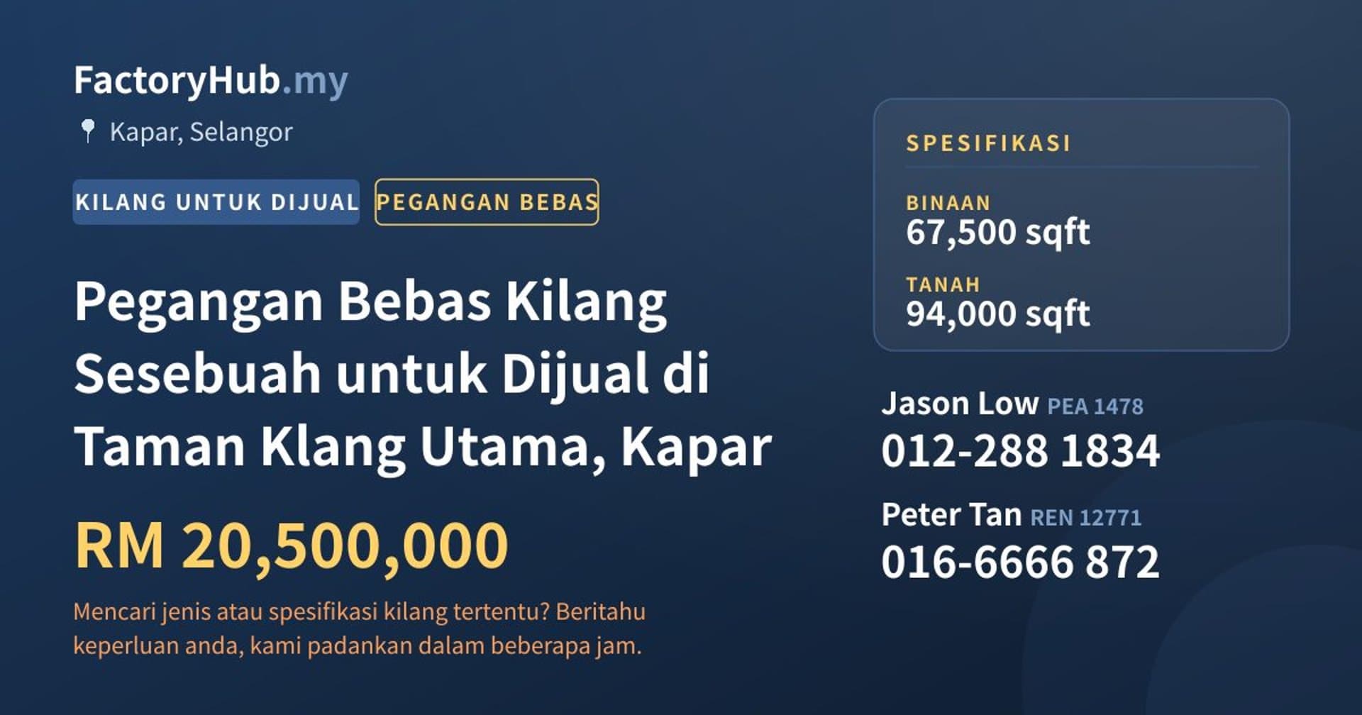 Pegangan Bebas Kilang Sesebuah untuk Dijual di Taman Klang Utama, Kapar · Imej hartanah 1/2
