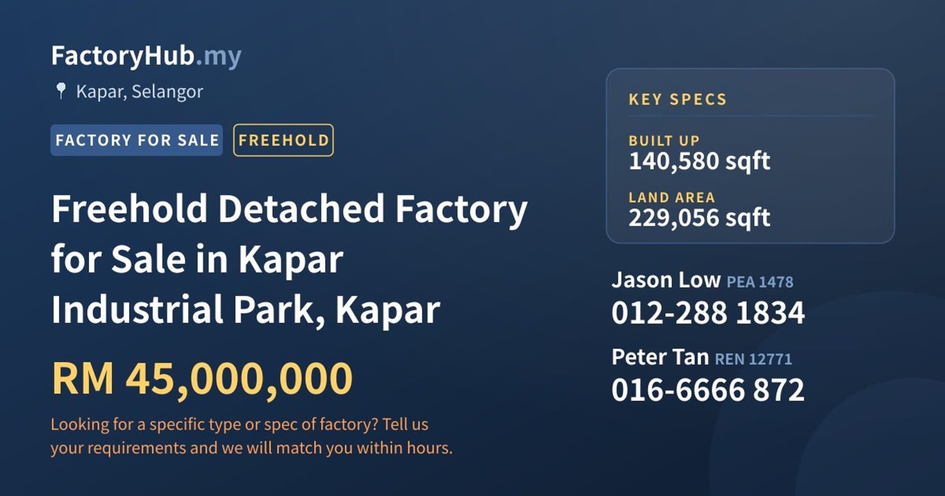 Freehold Detached Factory for Sale in Kapar Industrial Park, Kapar - Property image 1 of 2