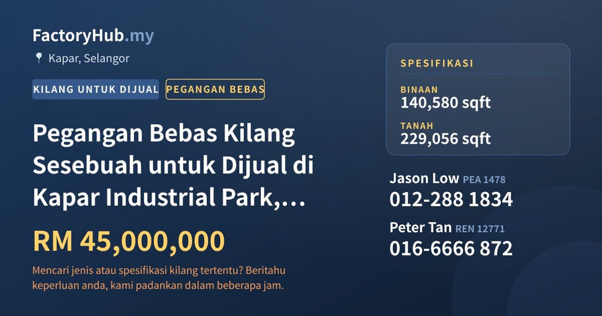 Pegangan Bebas Kilang Sesebuah untuk Dijual di Kapar Industrial Park, Kapar · Imej hartanah 1/2