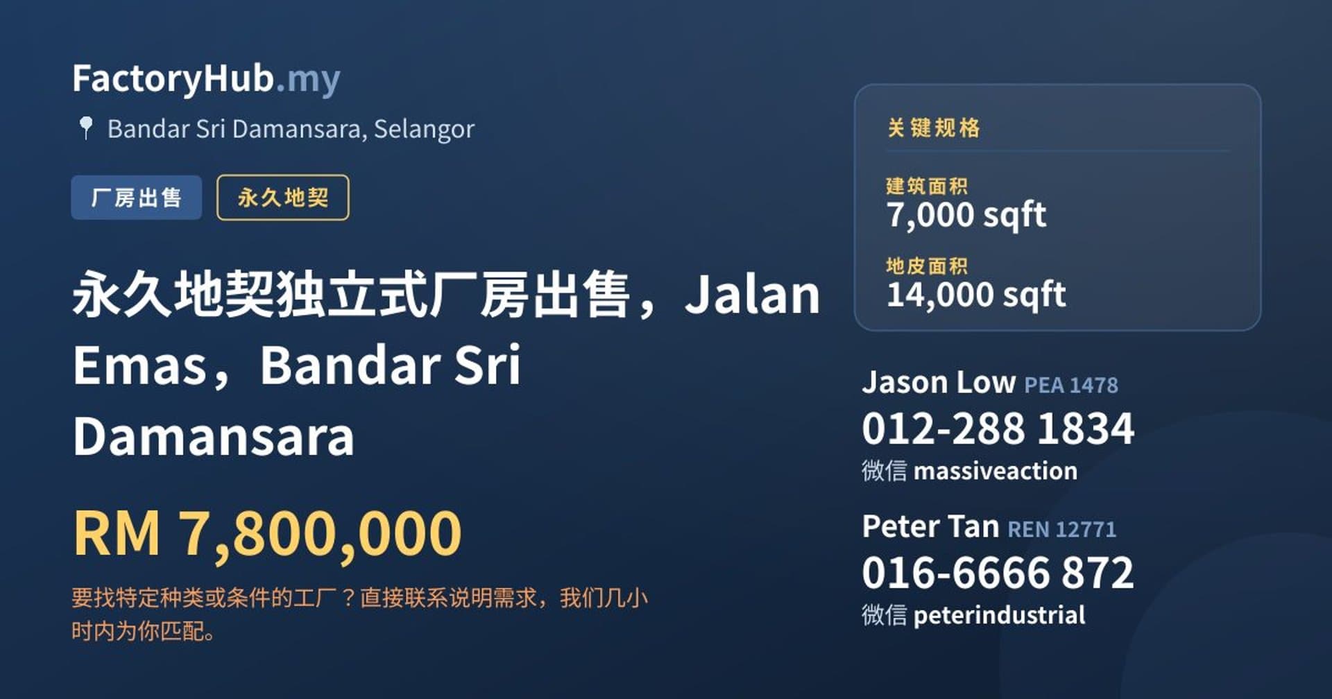 永久地契独立式厂房出售，Jalan Emas，Bandar Sri Damansara · 房源图片 1/2