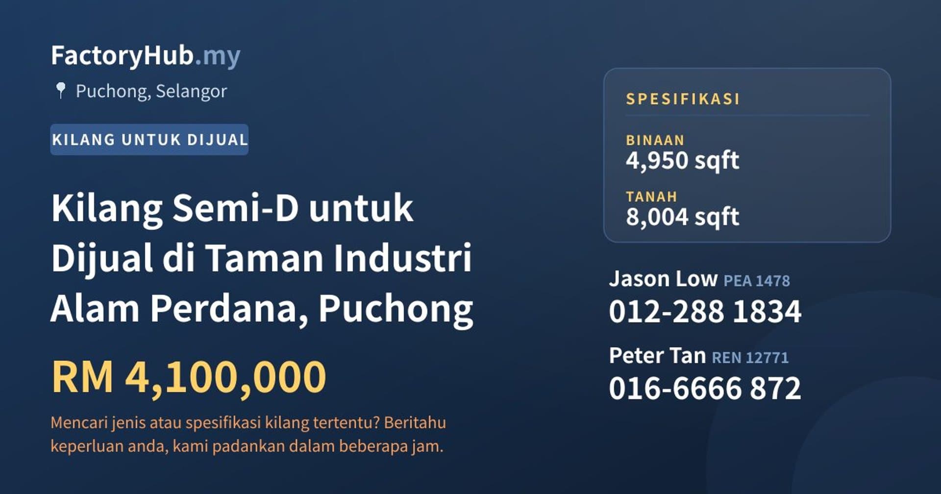 Kilang Semi-D untuk Dijual di Taman Industri Alam Perdana, Puchong · Imej hartanah 1/2