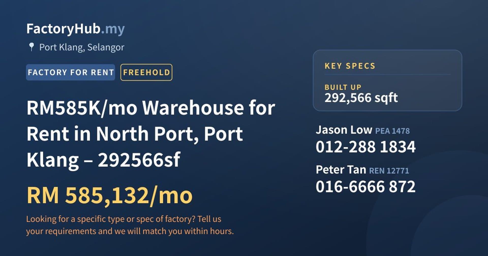RM585K/mo Warehouse for Rent in North Port, Port Klang – 292566sf - Property image 1 of 5