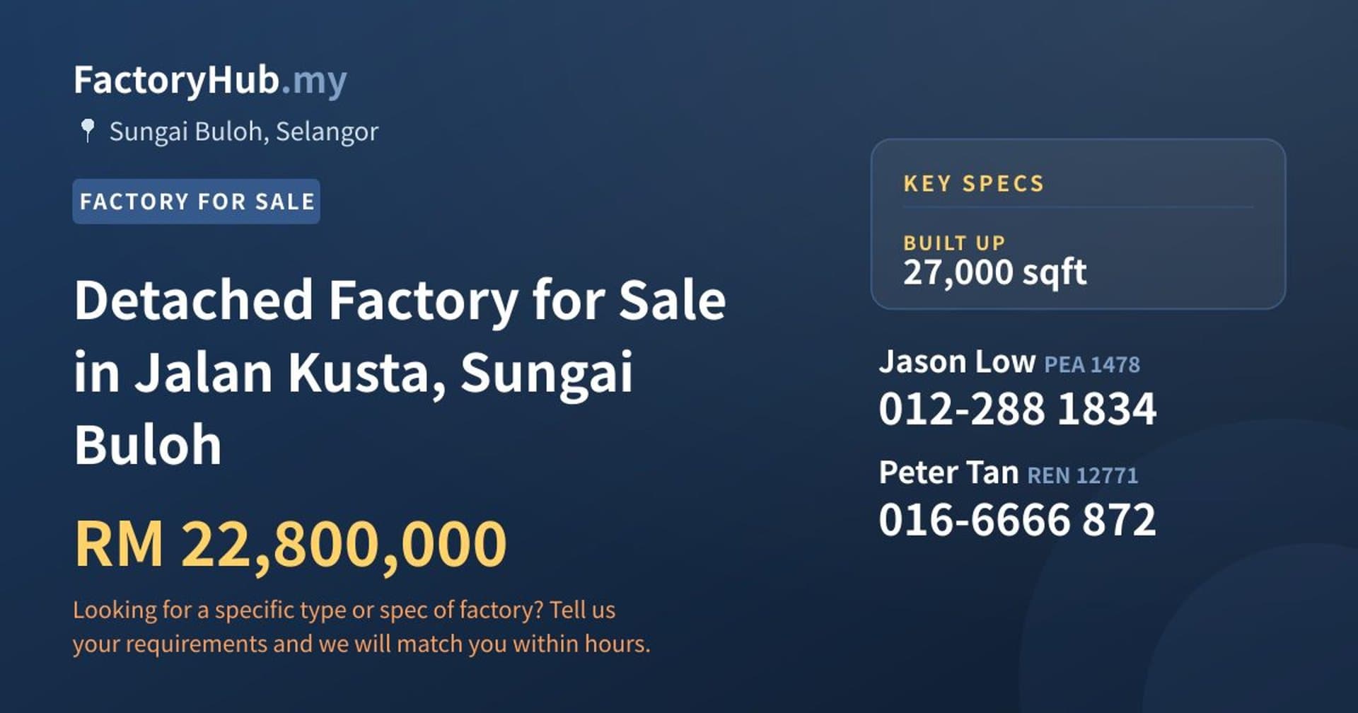 Detached Factory for Sale in Jalan Kusta, Sungai Buloh - Property image 1 of 2