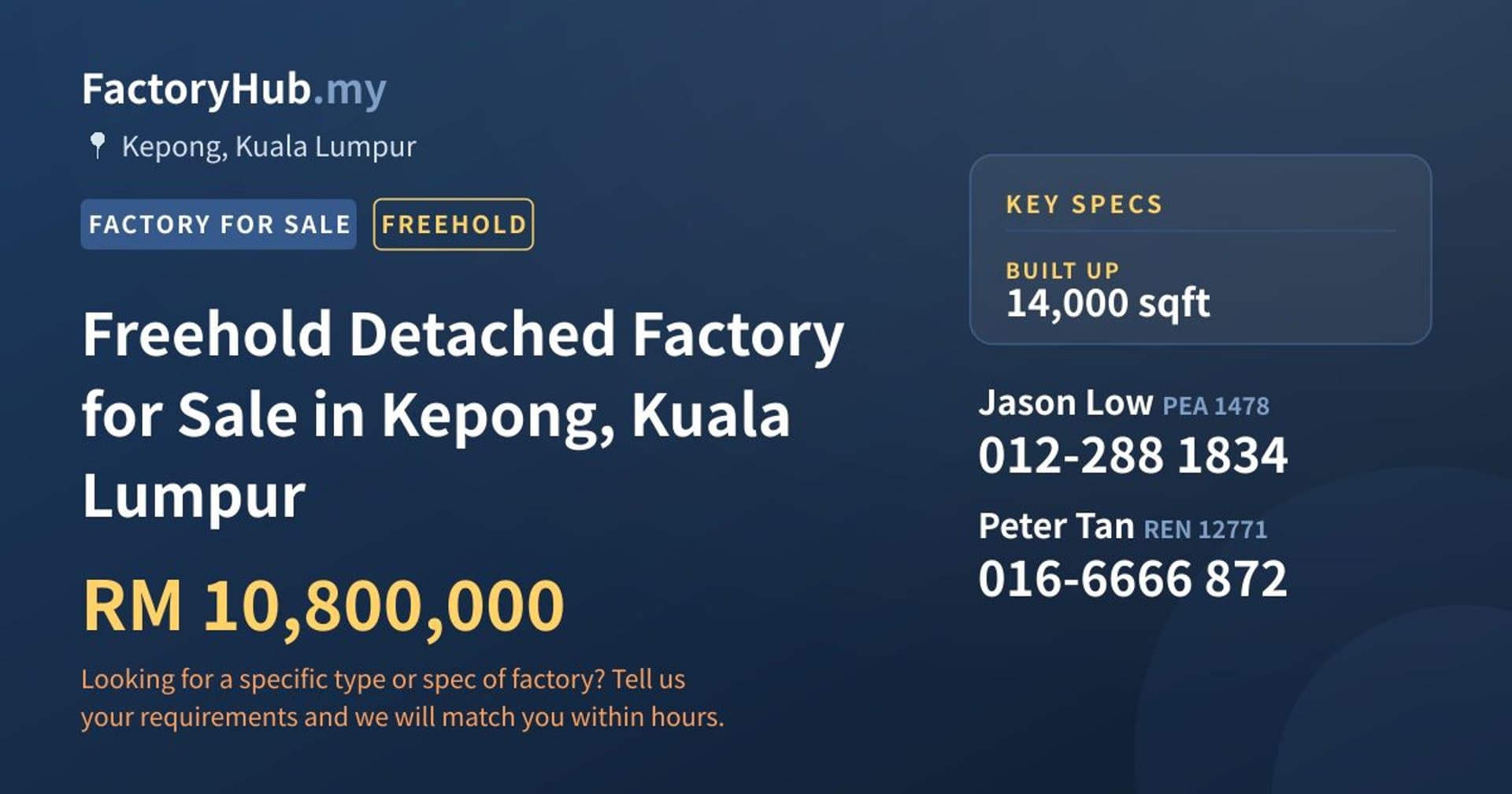 Freehold Detached Factory for Sale in Kepong, Kuala Lumpur - Property image 1 of 2
