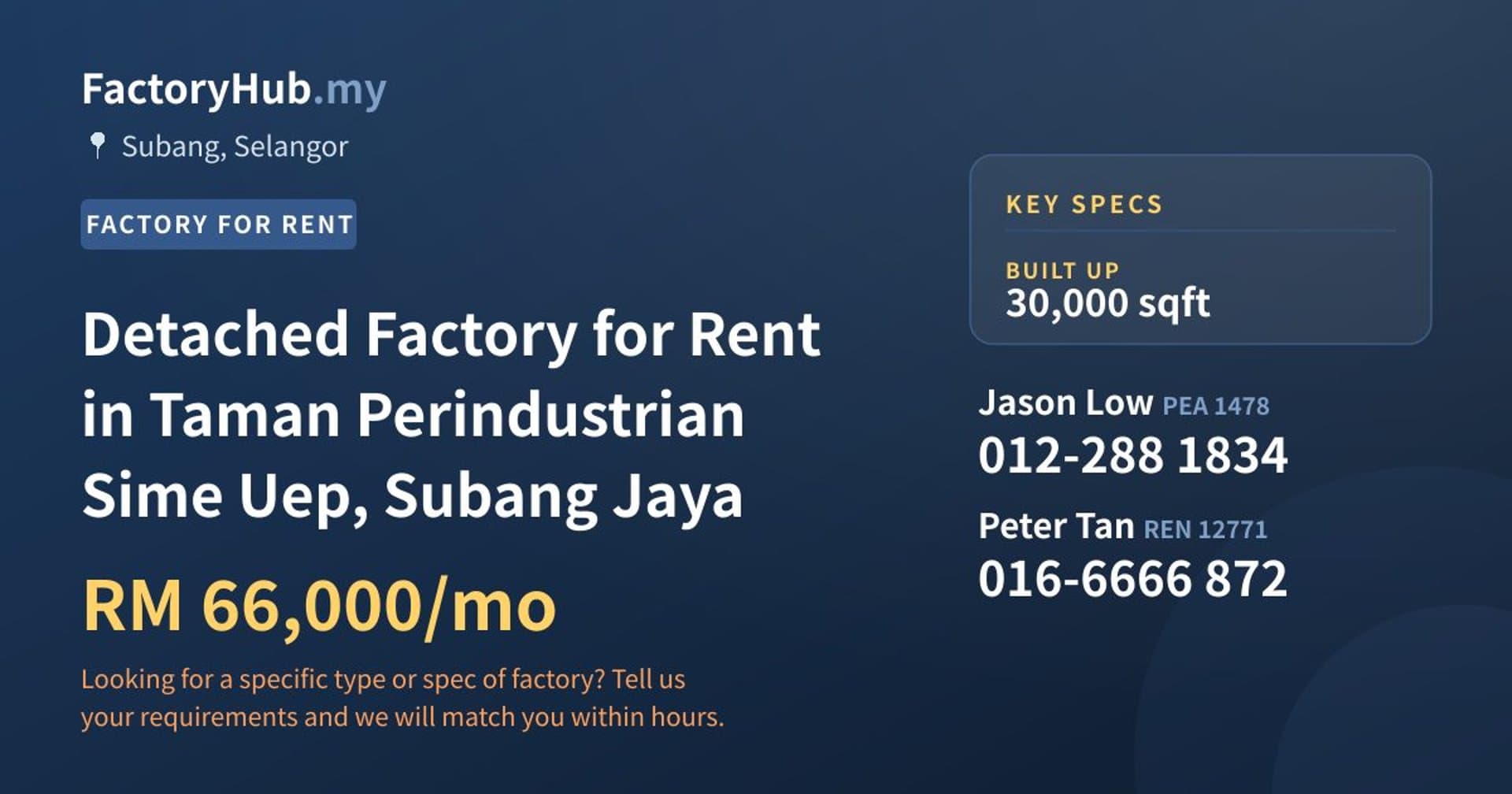 Detached Factory for Rent in Taman Perindustrian Sime Uep, Subang Jaya - Property image 1 of 2