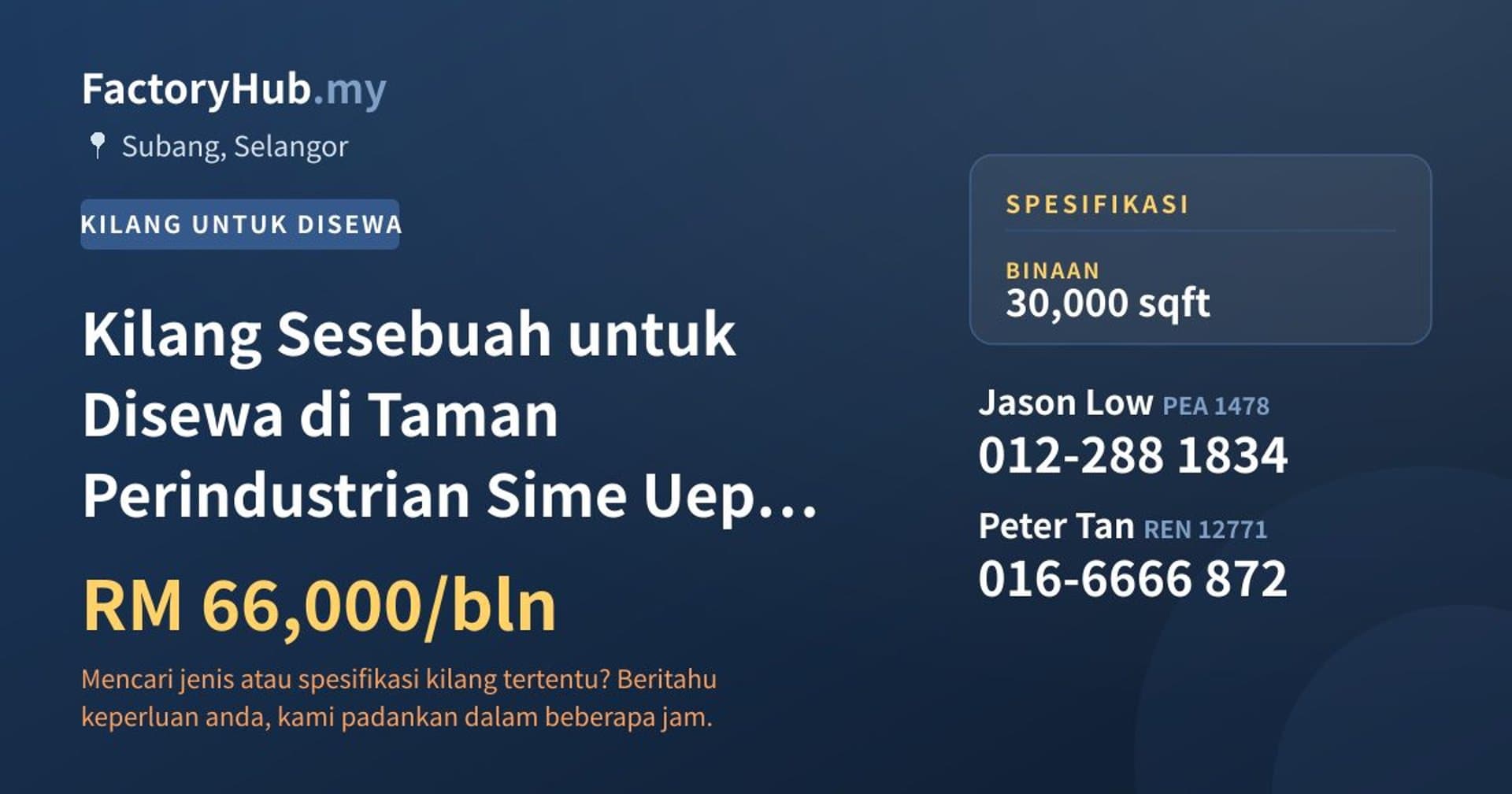 Kilang Sesebuah untuk Disewa di Taman Perindustrian Sime Uep, Subang Jaya · Imej hartanah 1/2