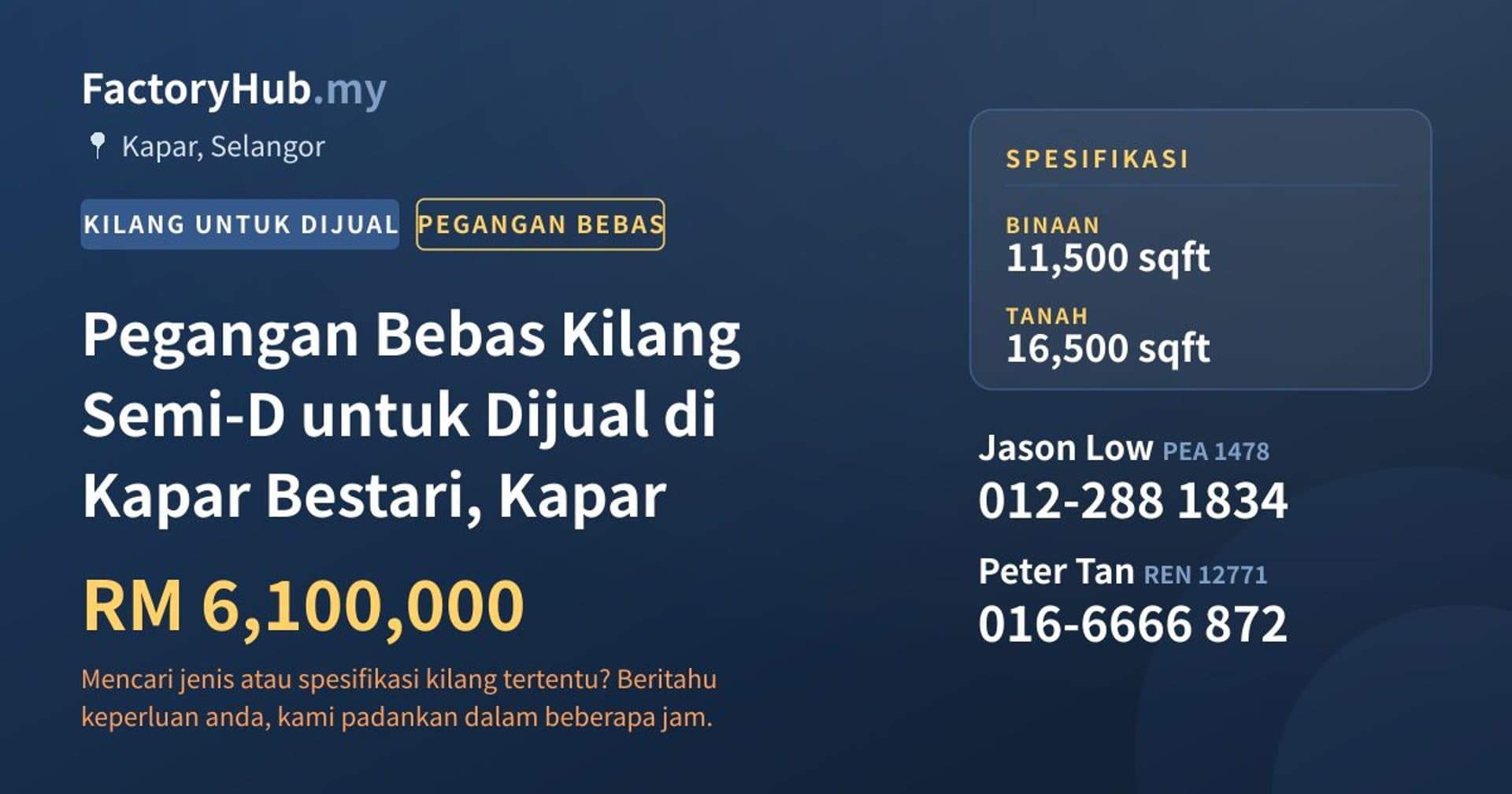 Pegangan Bebas Kilang Semi-D untuk Dijual di Kapar Bestari, Kapar · Imej hartanah 1/2