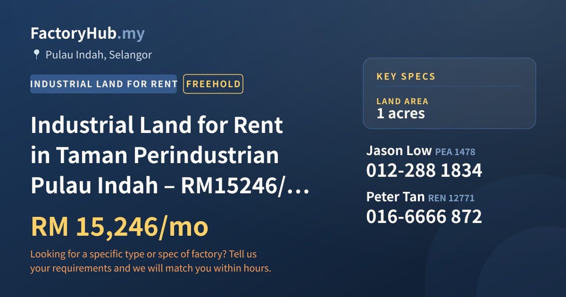 Industrial Land for Rent in Taman Perindustrian Pulau Indah – RM15246/mo 1ac - Property image 1 of 4