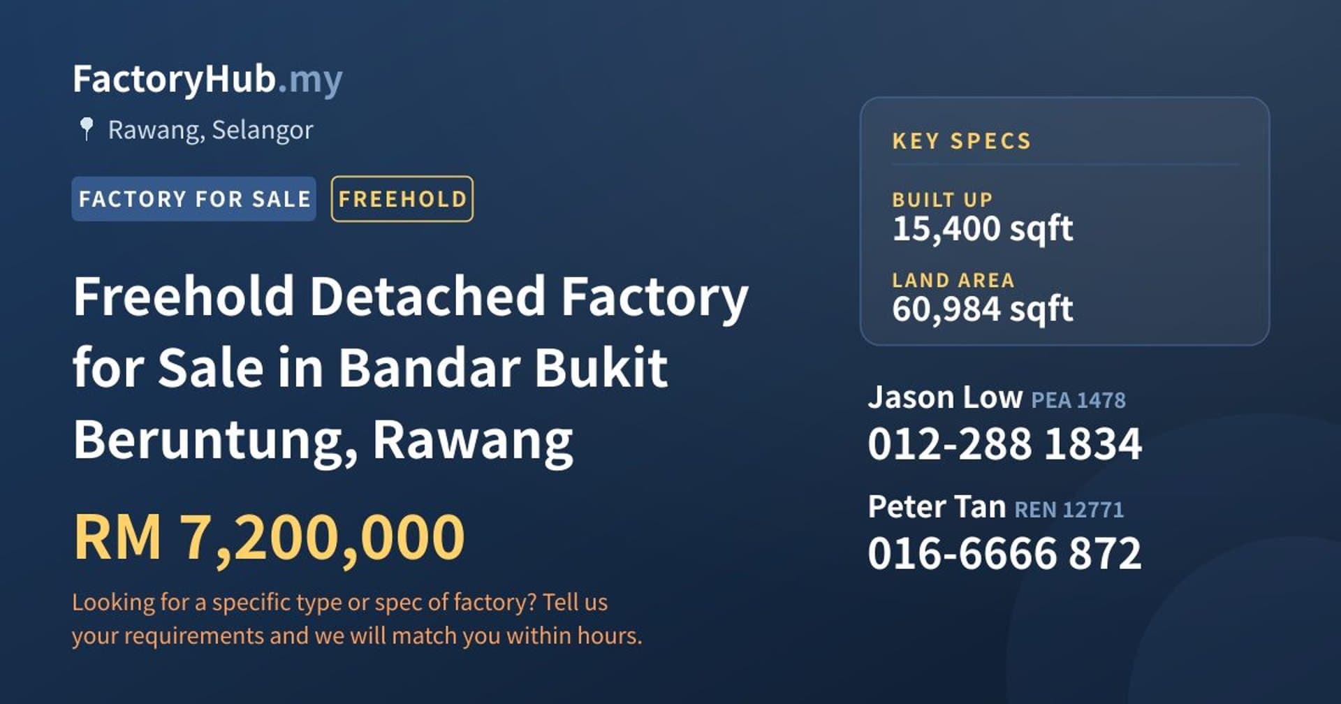 Freehold Detached Factory for Sale in Bandar Bukit Beruntung, Rawang - Property image 1 of 2