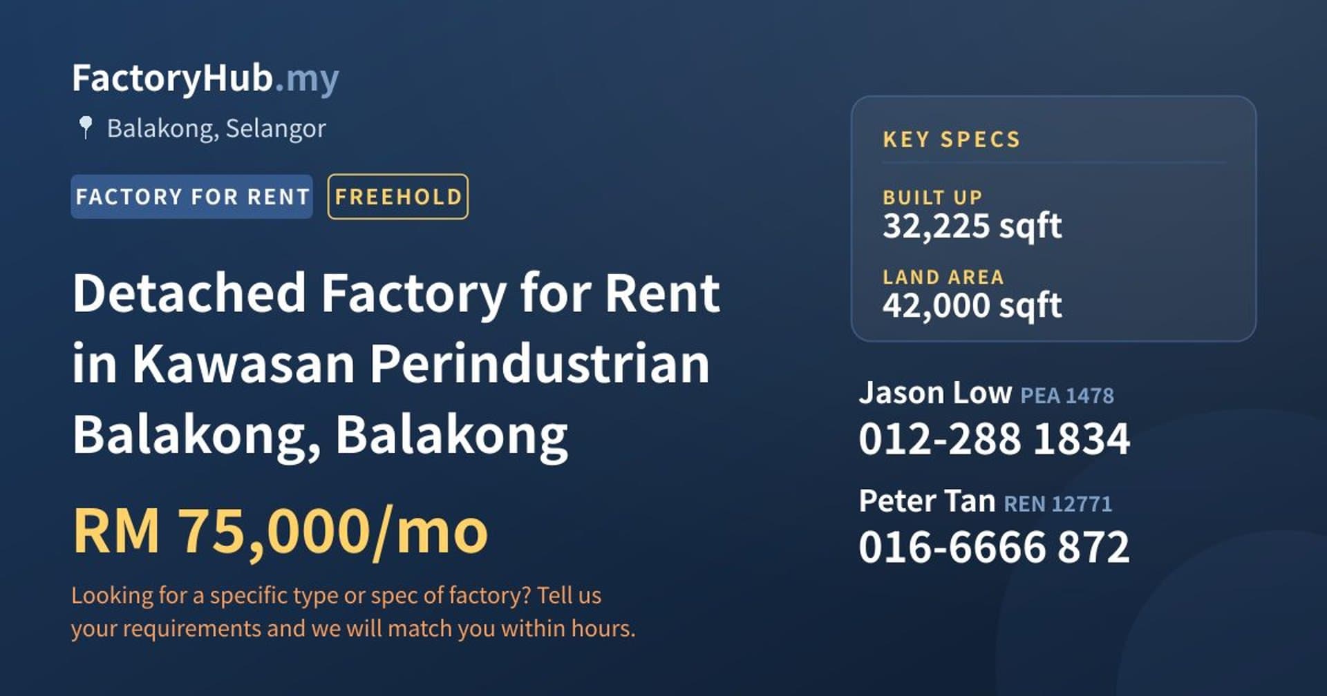 Detached Factory for Rent in Kawasan Perindustrian Balakong, Balakong - Property image 1 of 2