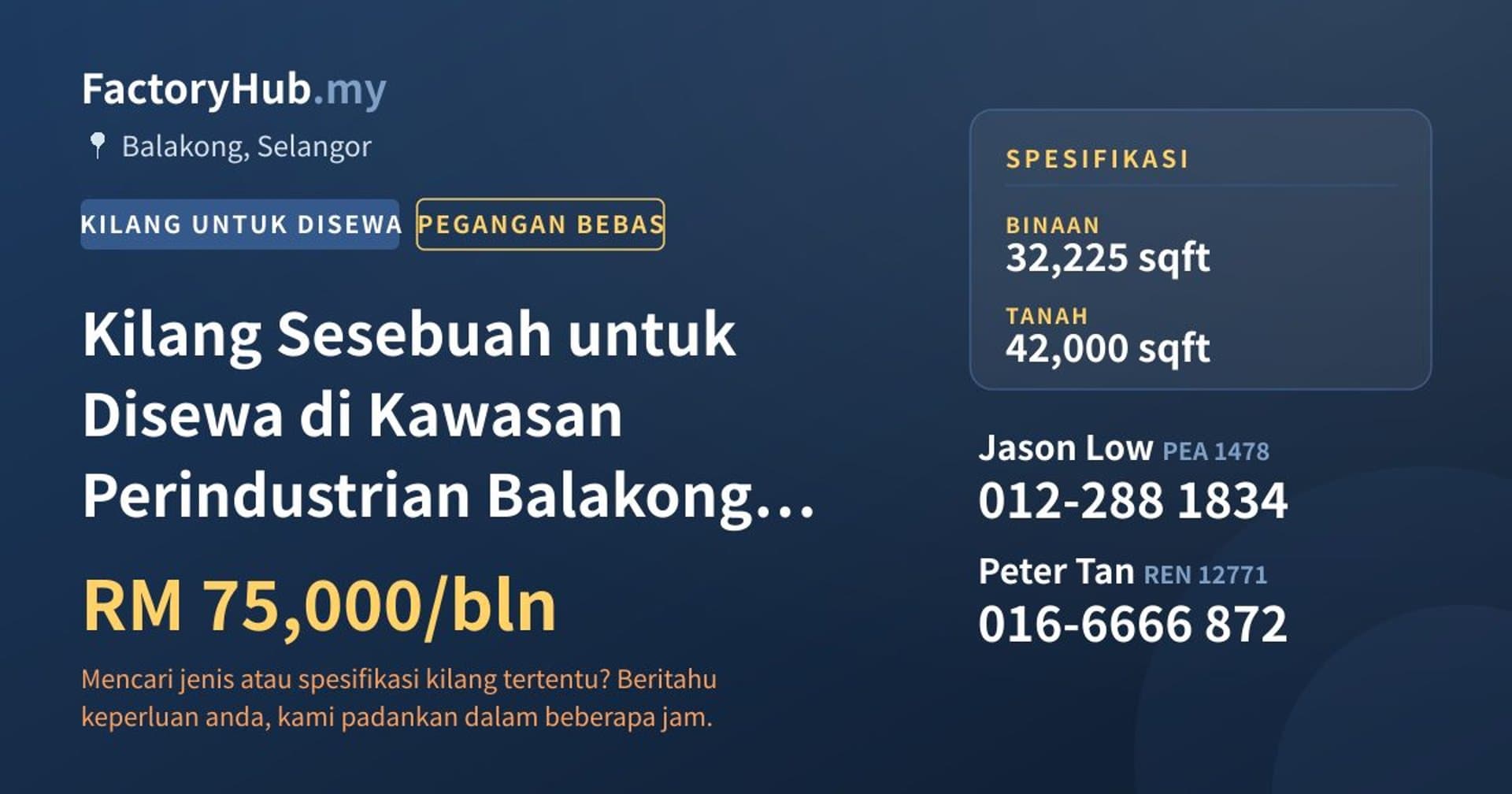 Kilang Sesebuah untuk Disewa di Kawasan Perindustrian Balakong, Balakong · Imej hartanah 1/2