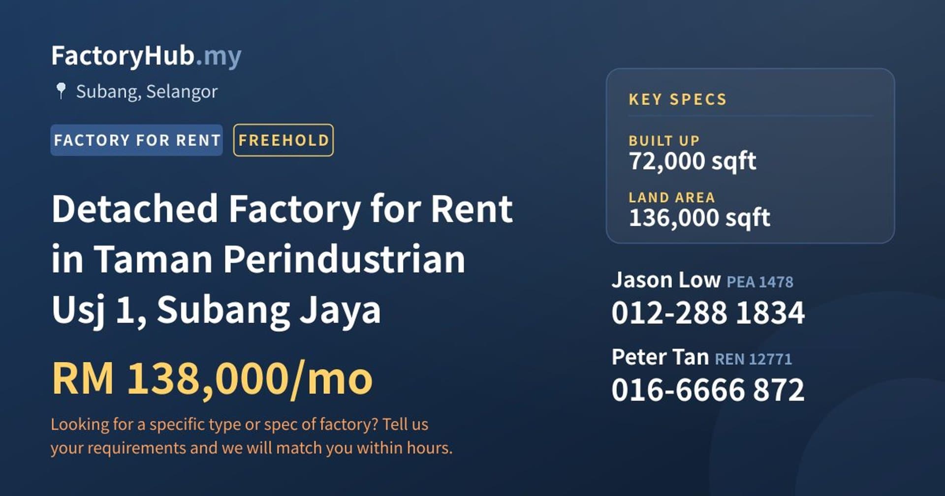 Detached Factory for Rent in Taman Perindustrian Usj 1, Subang Jaya - Property image 1 of 2