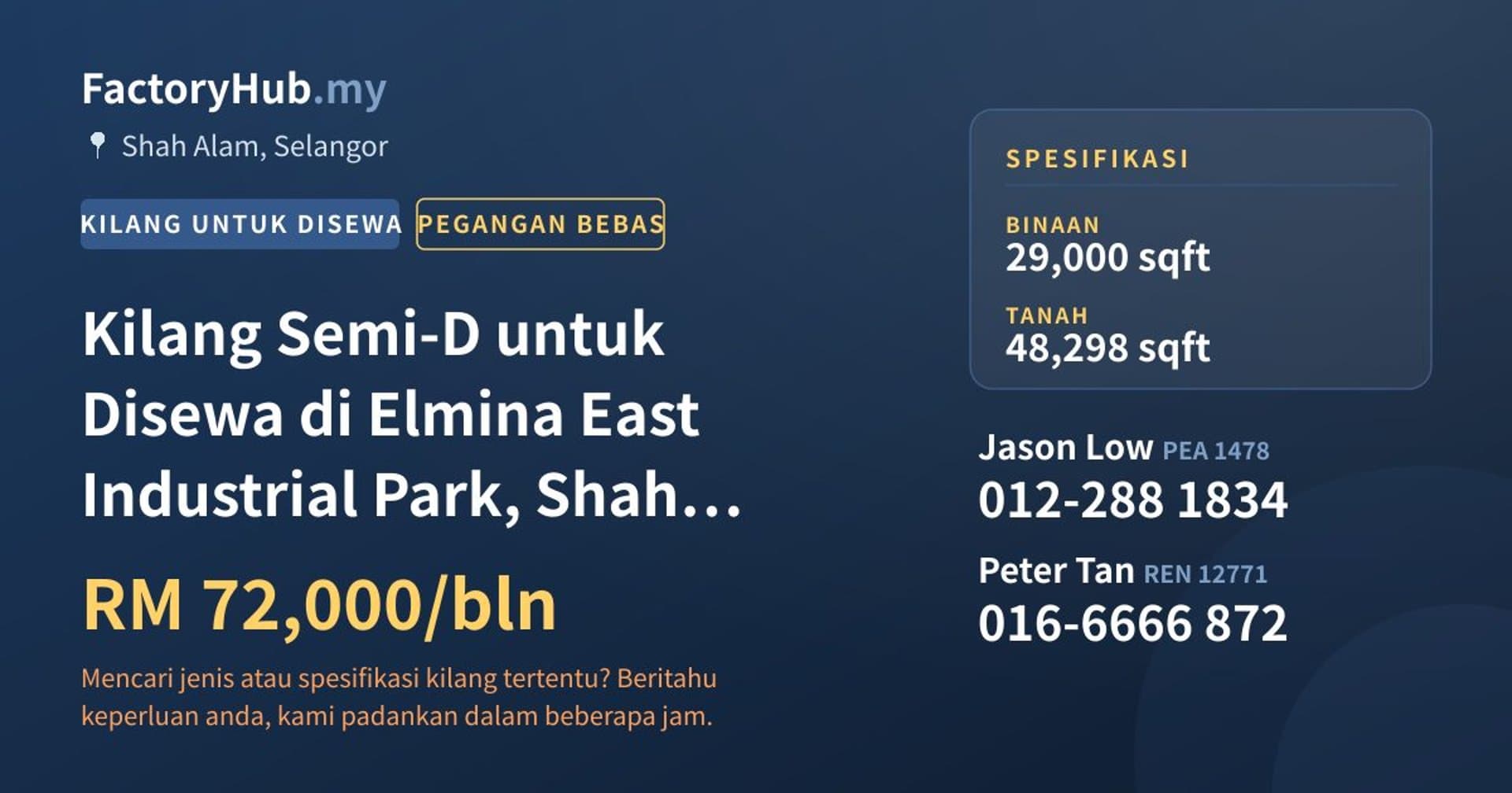 Kilang Semi-D untuk Disewa di Elmina East Industrial Park, Shah Alam · Imej hartanah 1/2