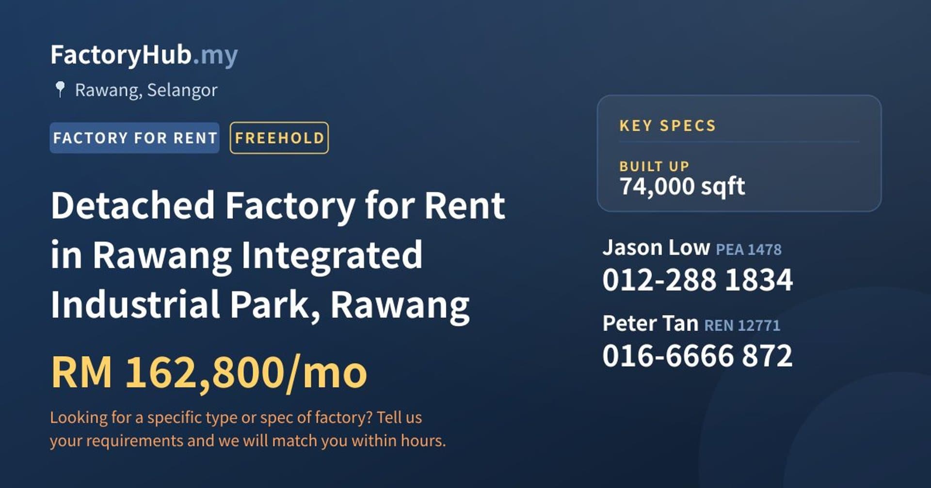 Detached Factory for Rent in Rawang Integrated Industrial Park, Rawang - Property image 1 of 2