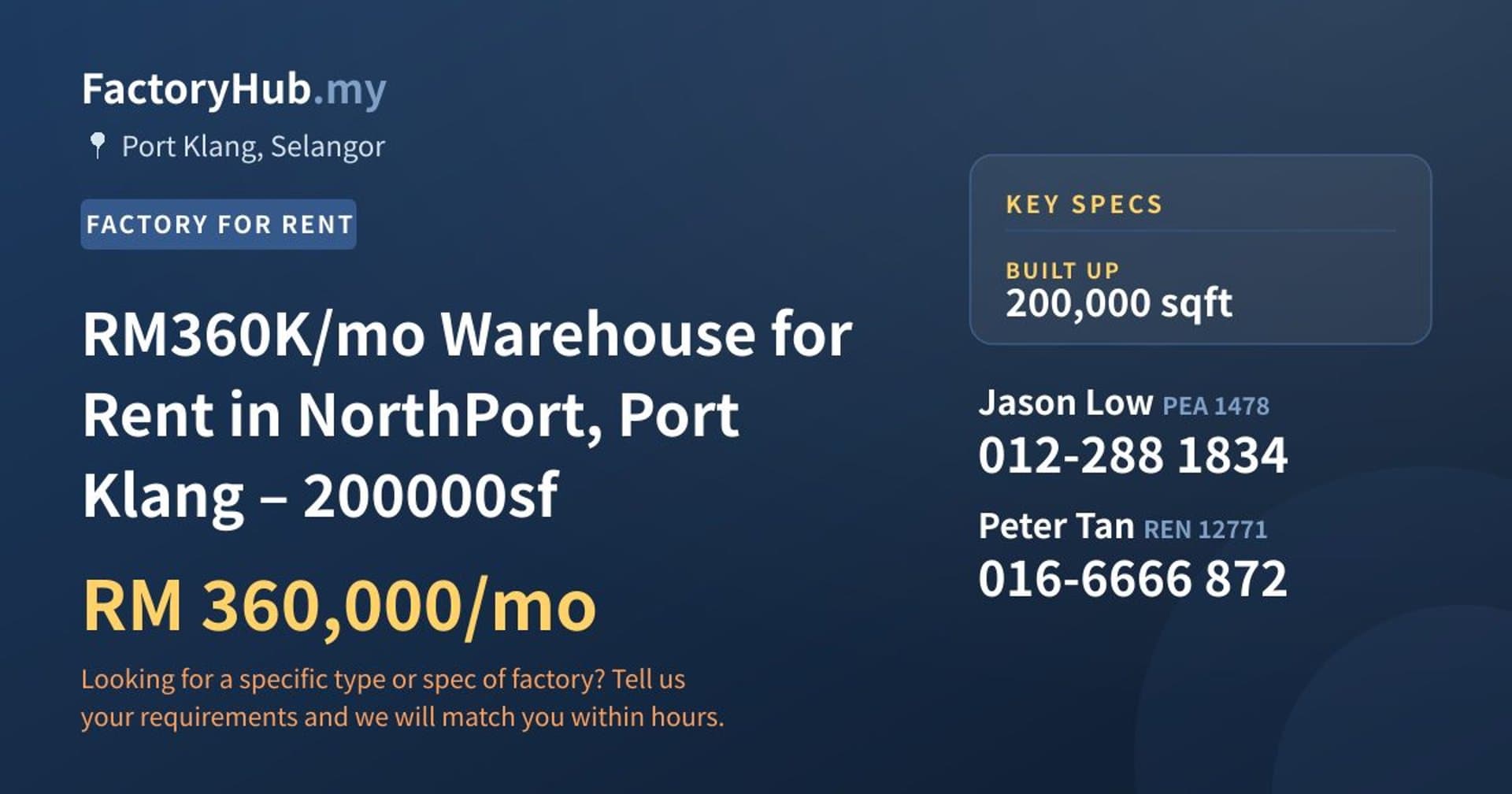 RM360K/mo Warehouse for Rent in NorthPort, Port Klang – 200000sf - Property image 1 of 5