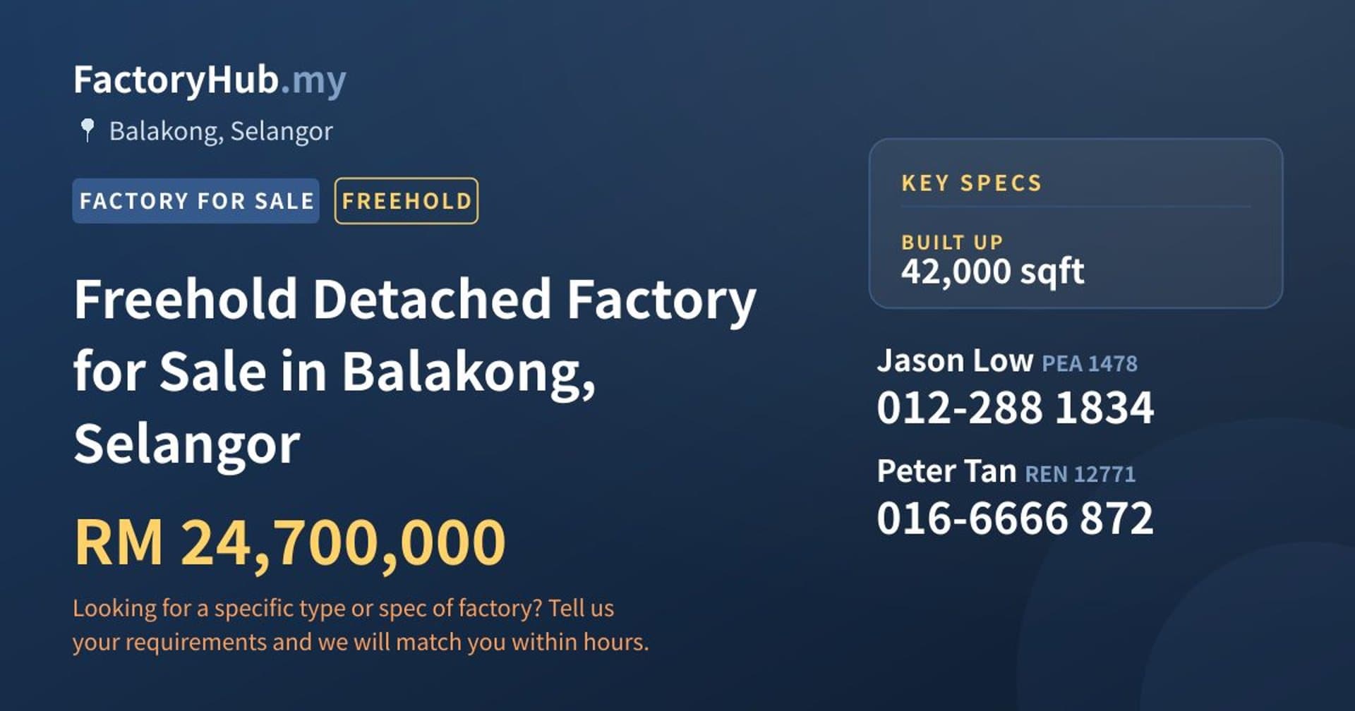 Freehold Detached Factory for Sale in Balakong, Selangor - Property image 1 of 2