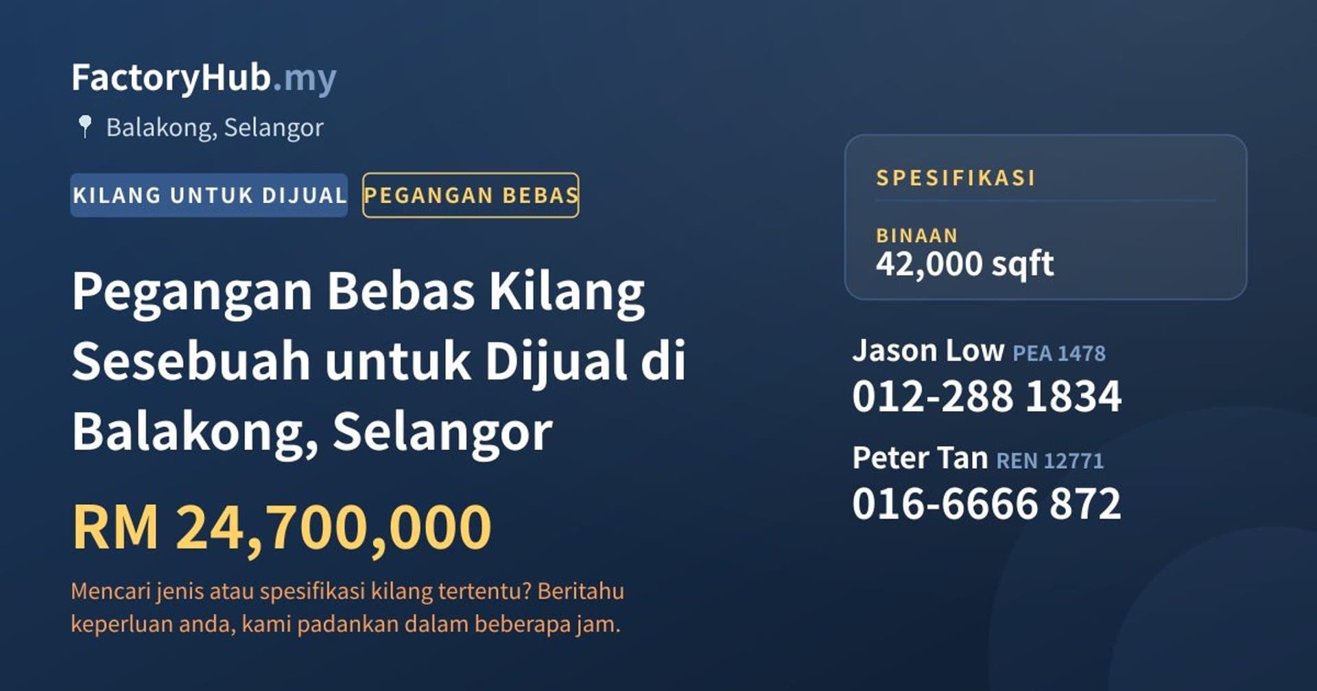 Pegangan Bebas Kilang Sesebuah untuk Dijual di Balakong, Selangor · Imej hartanah 1/2