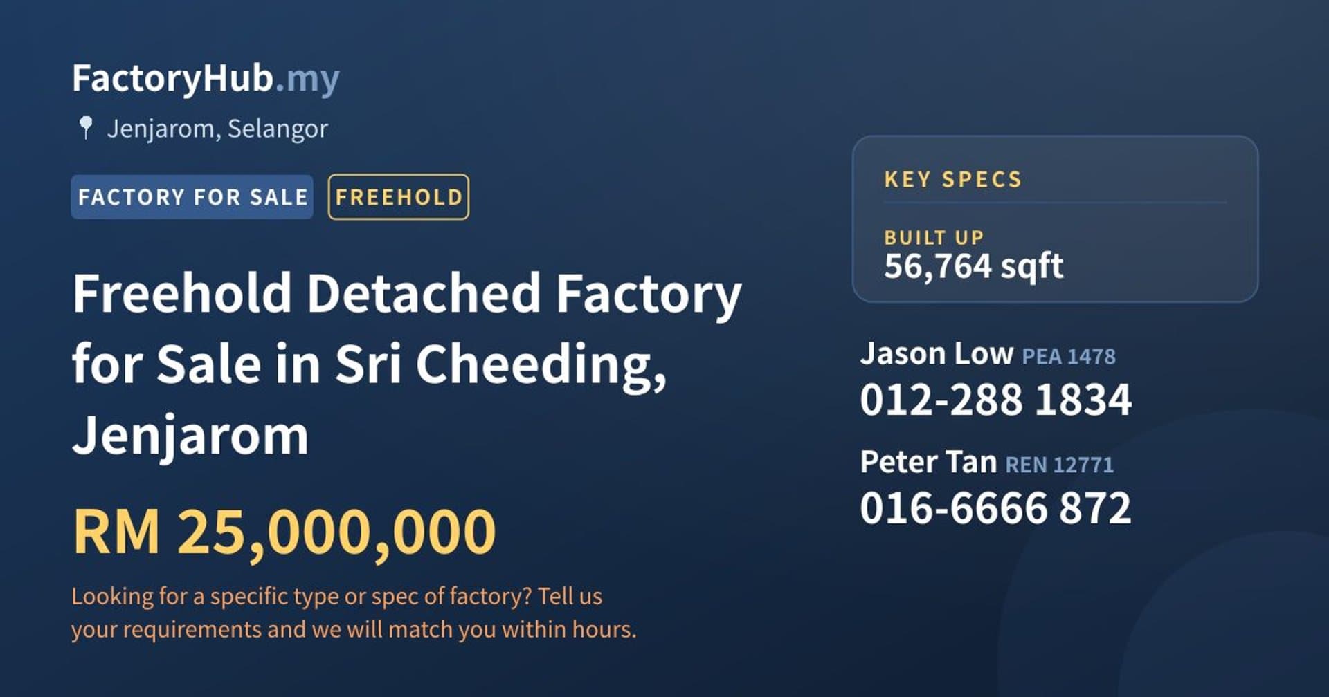 Freehold Detached Factory for Sale in Sri Cheeding, Jenjarom - Property image 1 of 2