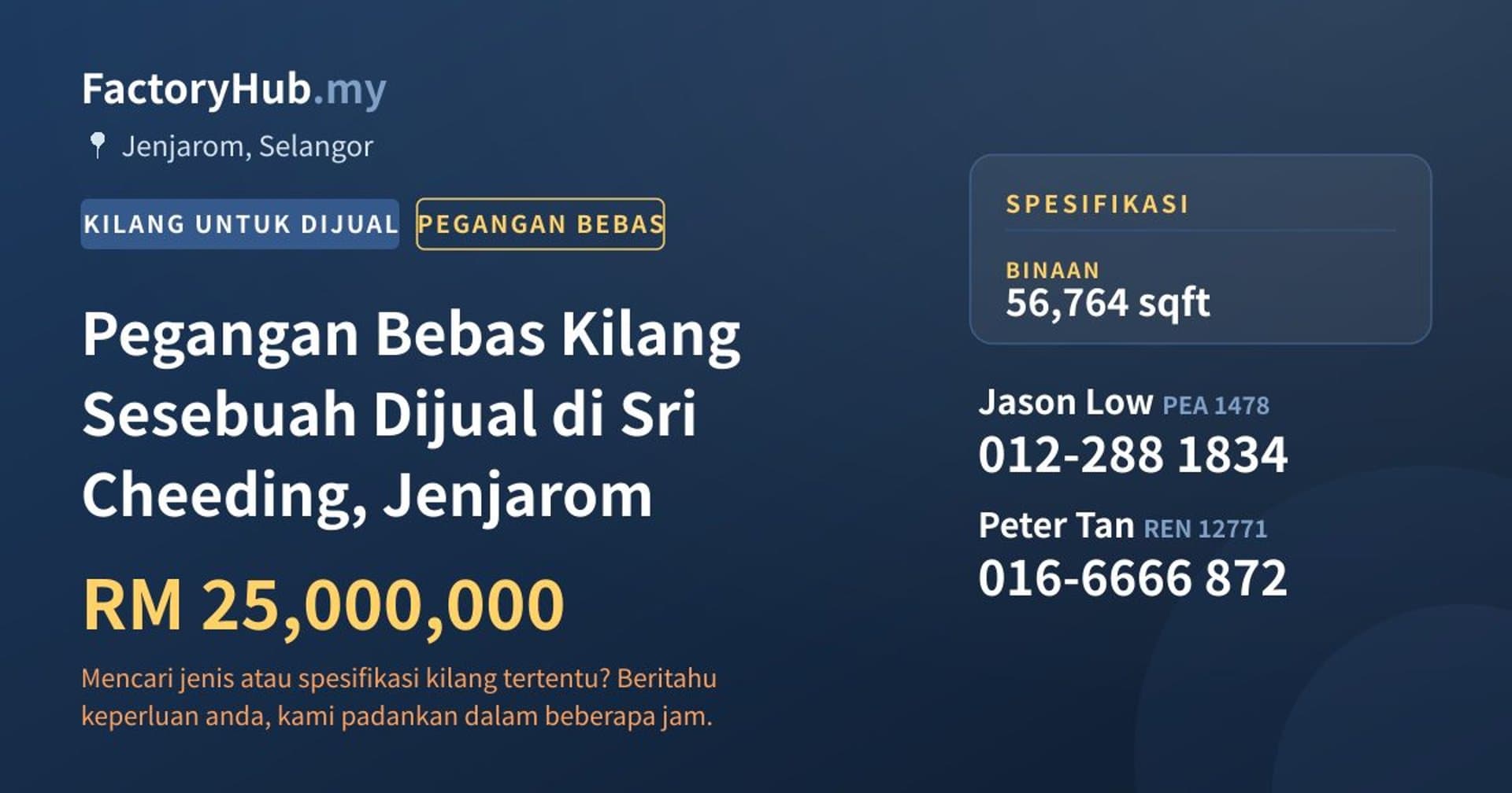 Pegangan Bebas Kilang Sesebuah Dijual di Sri Cheeding, Jenjarom · Imej hartanah 1/2
