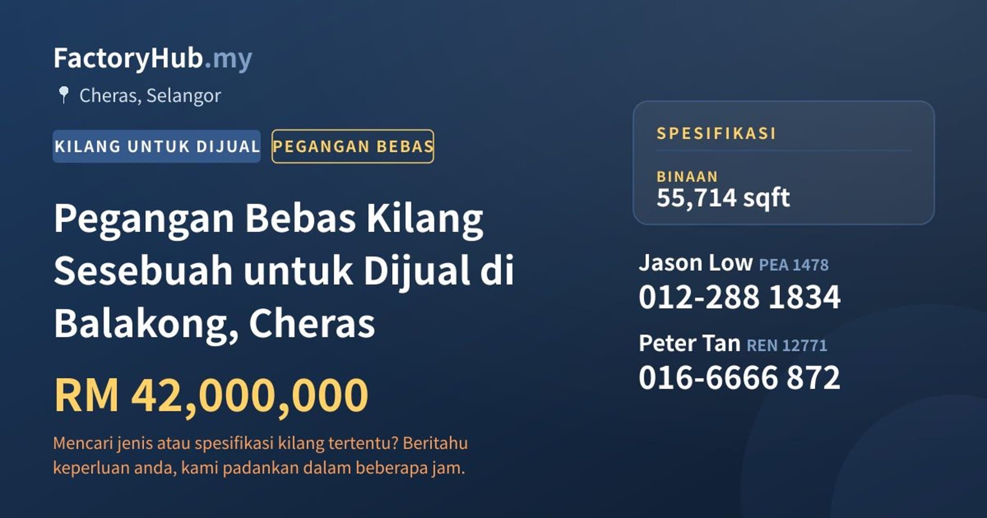 Pegangan Bebas Kilang Sesebuah untuk Dijual di Balakong, Cheras · Imej hartanah 1/2