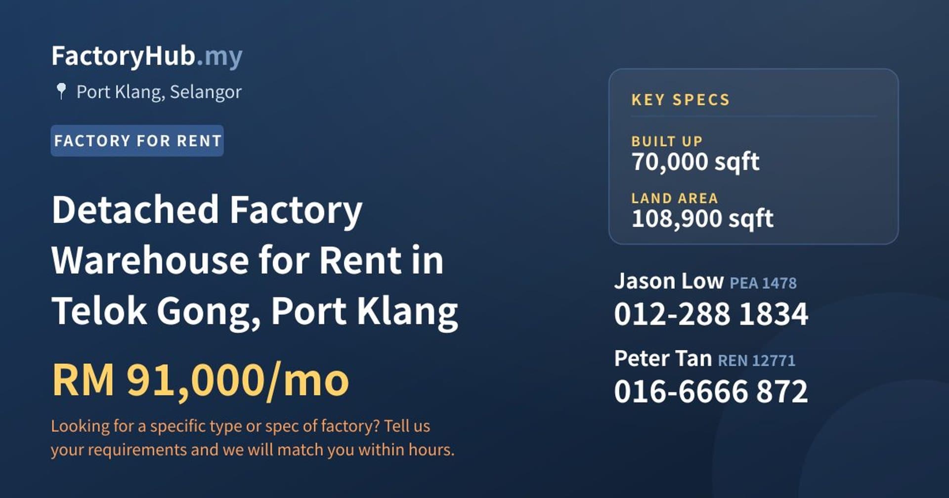 Detached Factory Warehouse for Rent in Telok Gong, Port Klang - Property image 1 of 2
