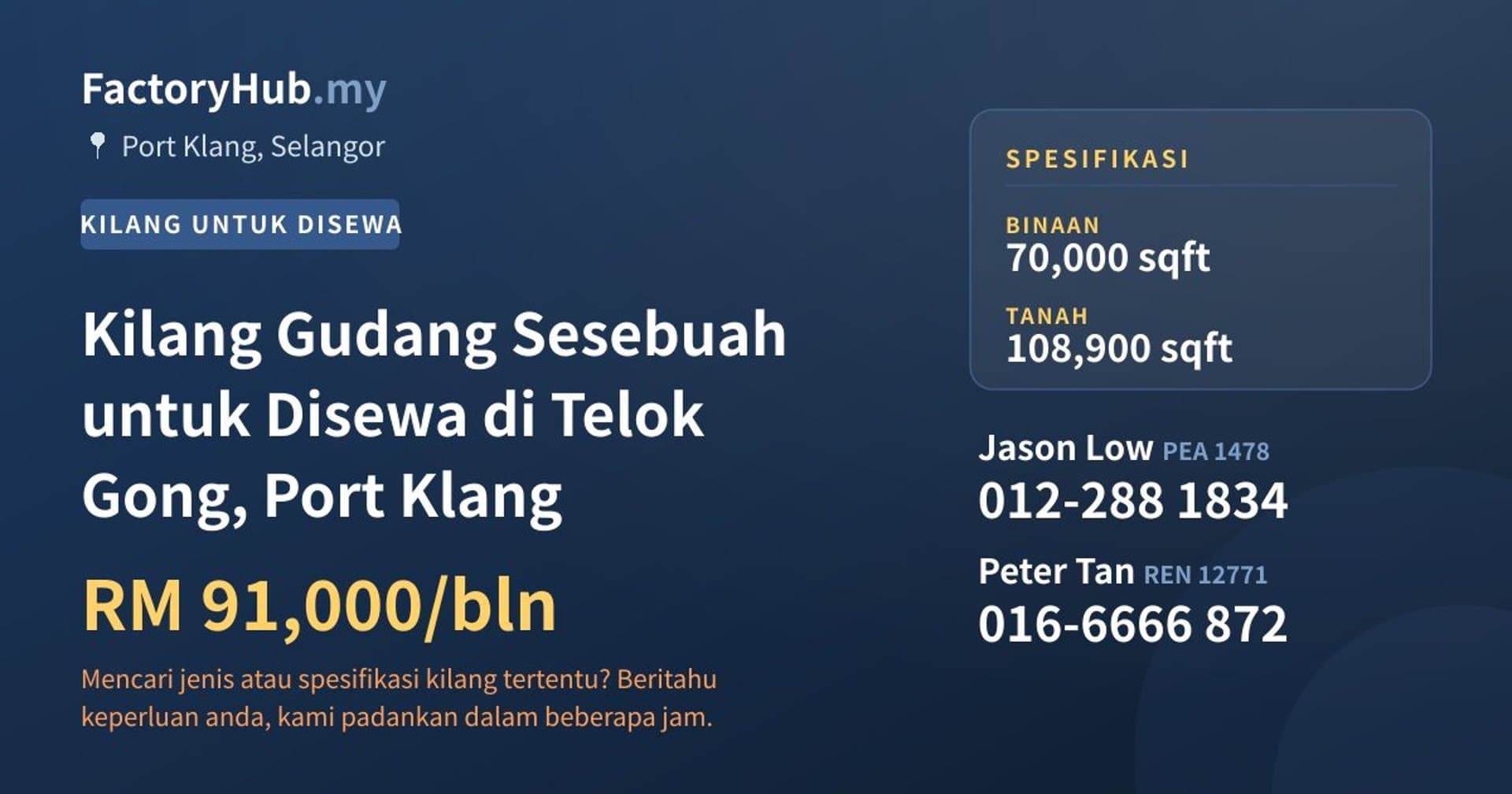 Kilang Gudang Sesebuah untuk Disewa di Telok Gong, Port Klang · Imej hartanah 1/2