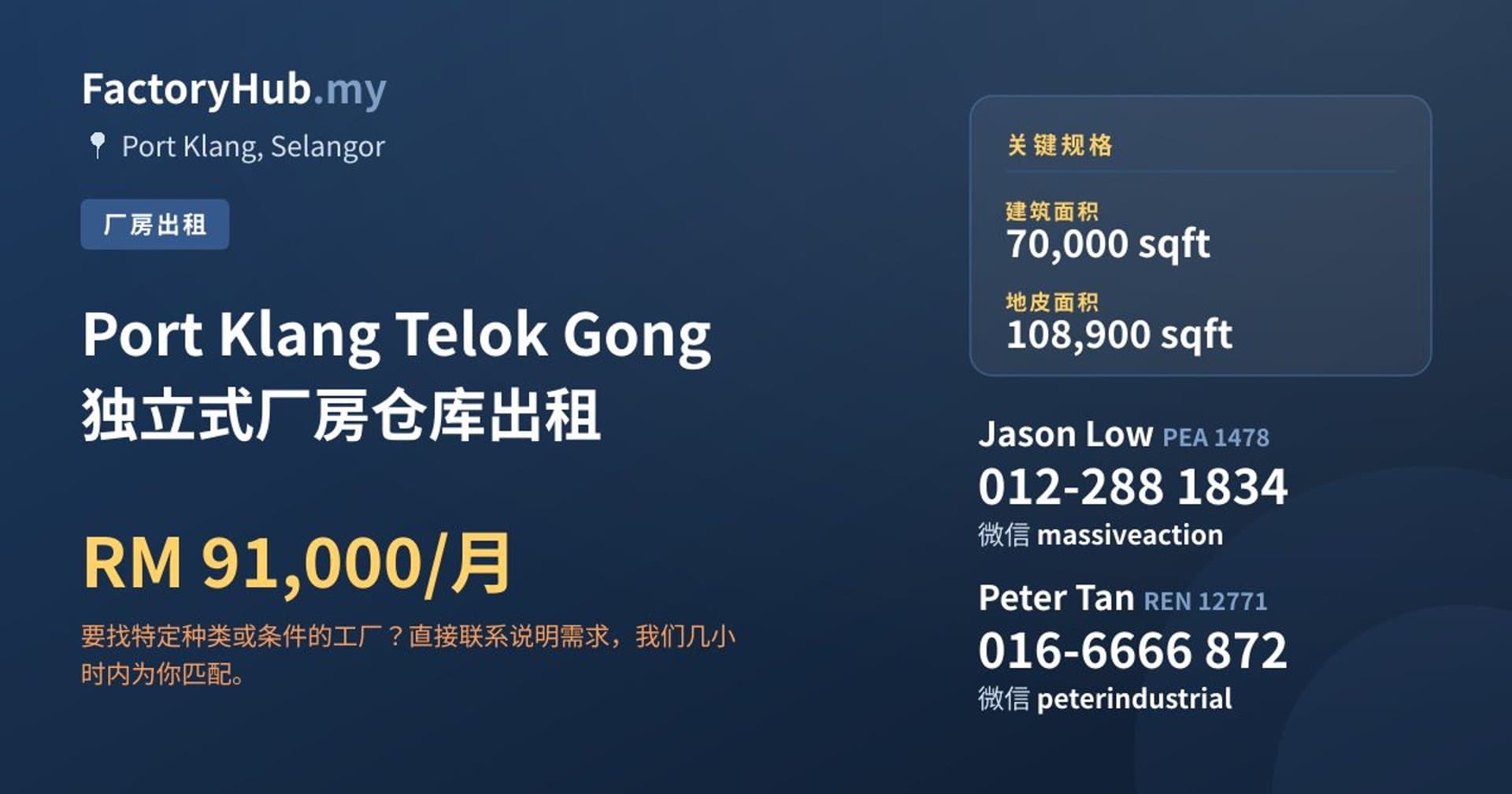 Port Klang Telok Gong 独立式厂房仓库出租 · 房源图片 1/2