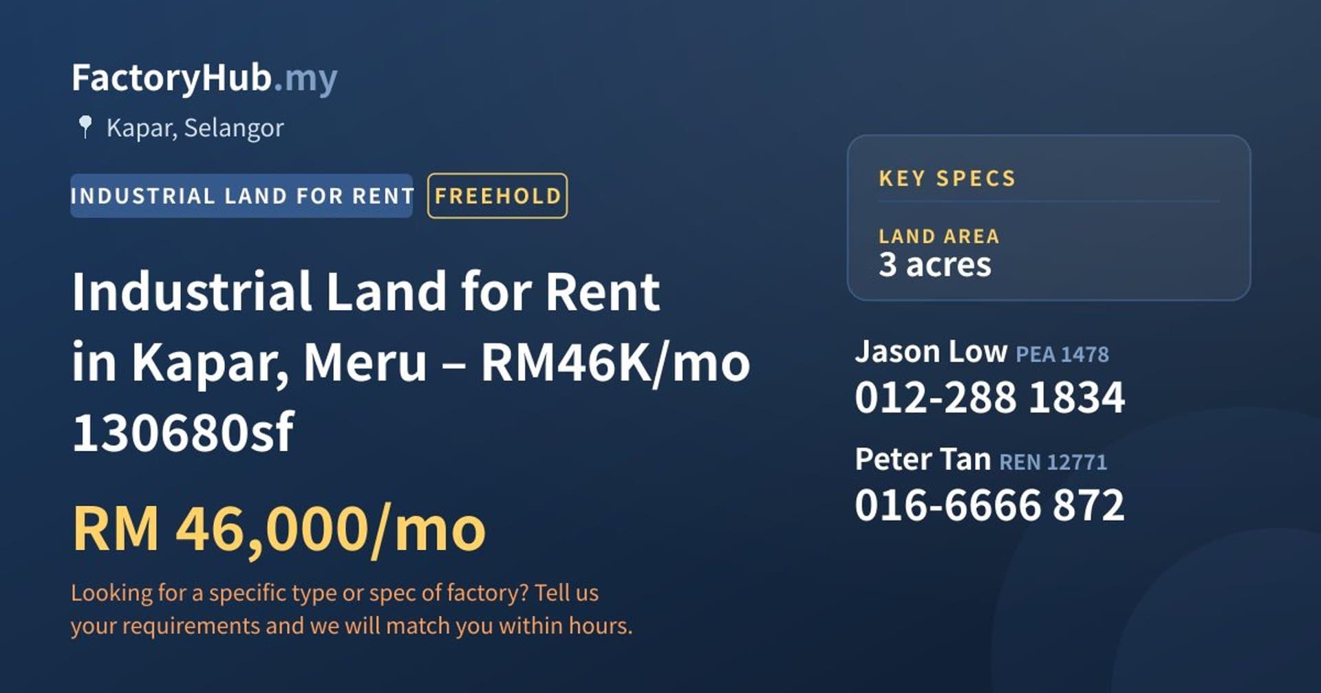 Industrial Land for Rent in Kapar, Meru – RM46K/mo 130680sf - Property image 1 of 5
