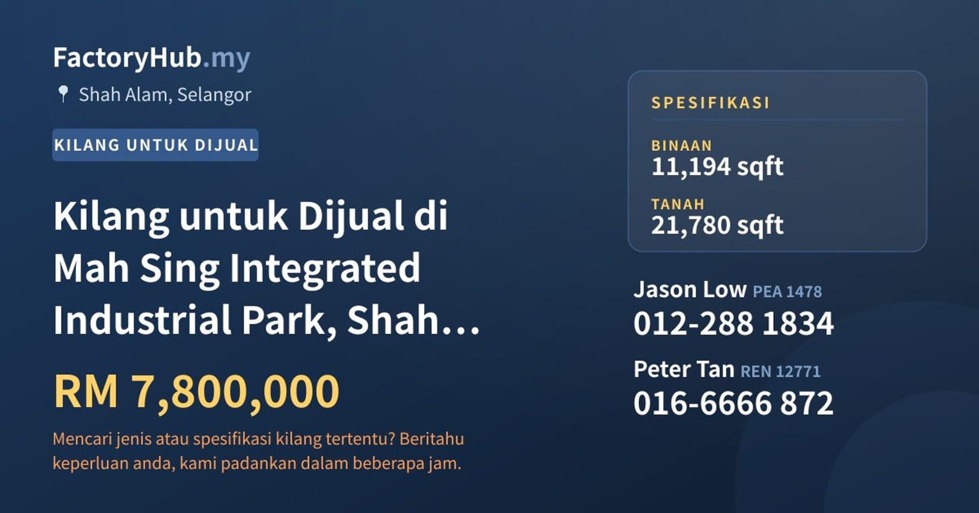 Kilang untuk Dijual di Mah Sing Integrated Industrial Park, Shah Alam · Imej hartanah 1/2