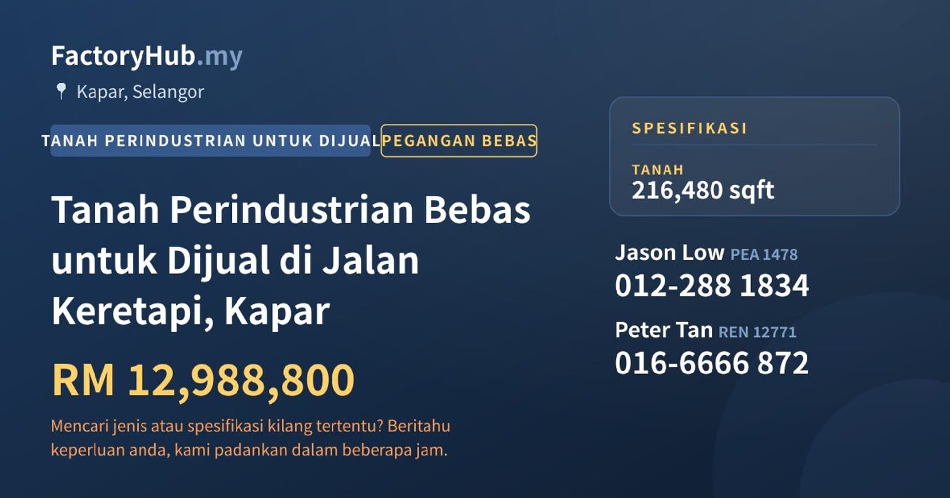 Tanah Perindustrian Bebas untuk Dijual di Jalan Keretapi, Kapar · Imej hartanah 1/2