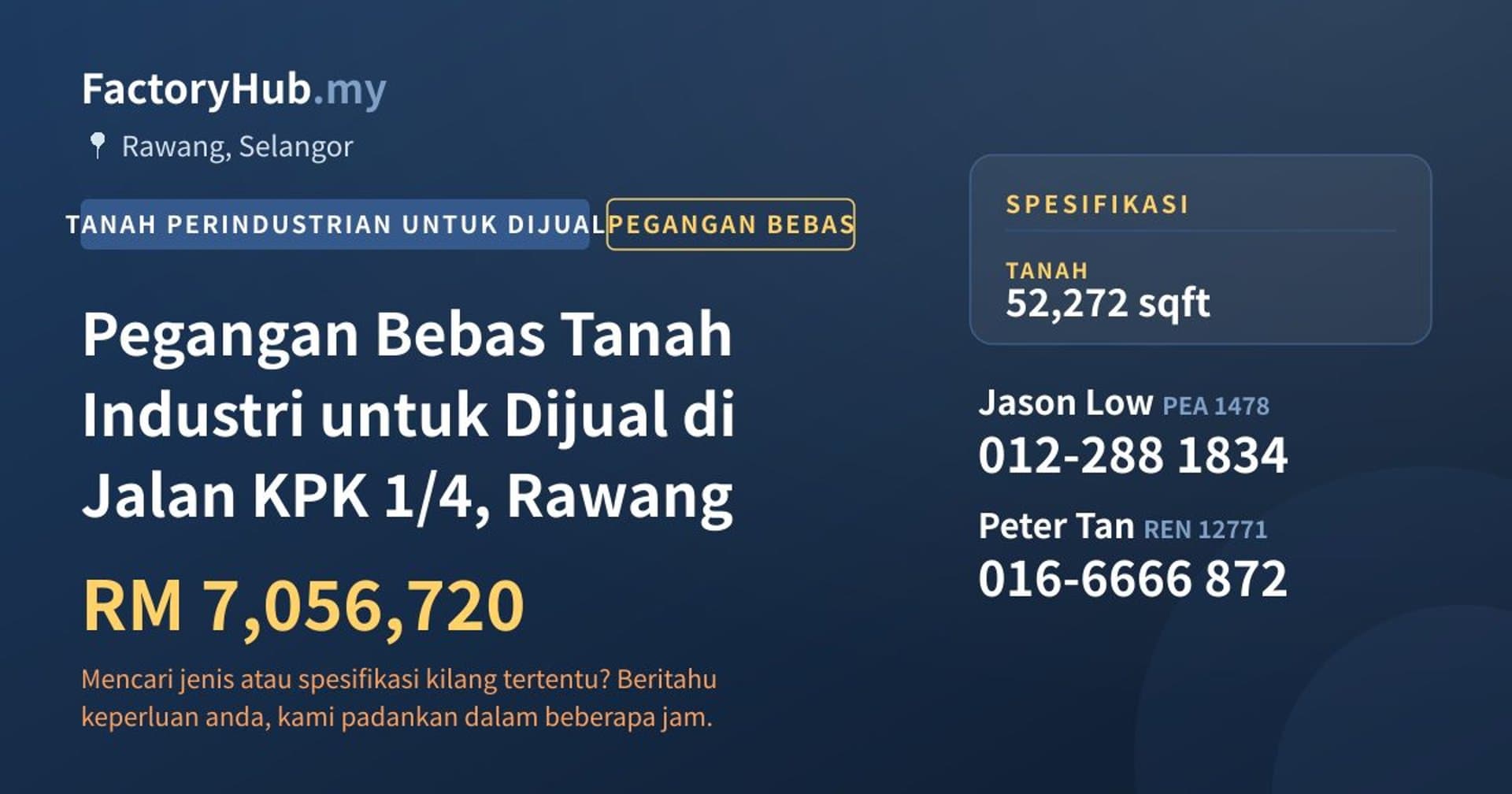 Pegangan Bebas Tanah Industri untuk Dijual di Jalan KPK 1/4, Rawang · Imej hartanah 1/2