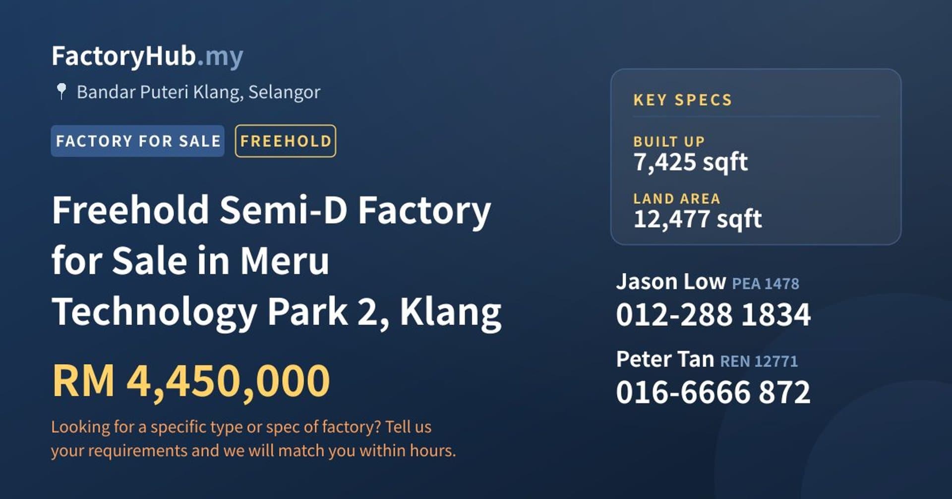 Freehold Semi-D Factory for Sale in Meru Technology Park 2, Klang - Property image 1 of 2