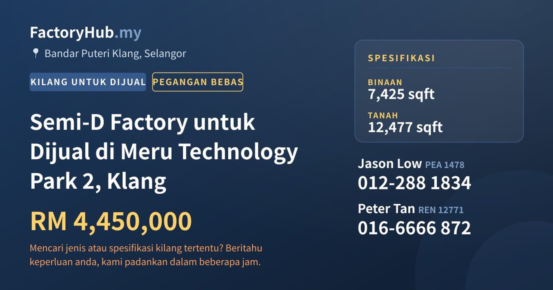 Semi-D Factory untuk Dijual di Meru Technology Park 2, Klang · Imej hartanah 1/2