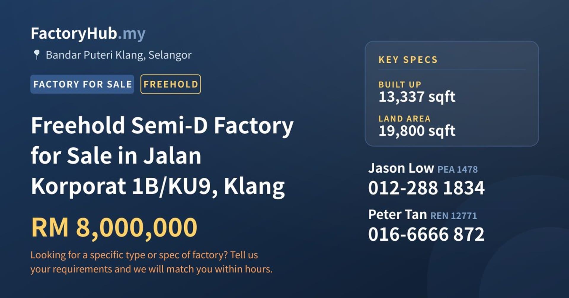 Freehold Semi-D Factory for Sale in Jalan Korporat 1B/KU9, Klang - Property image 1 of 2
