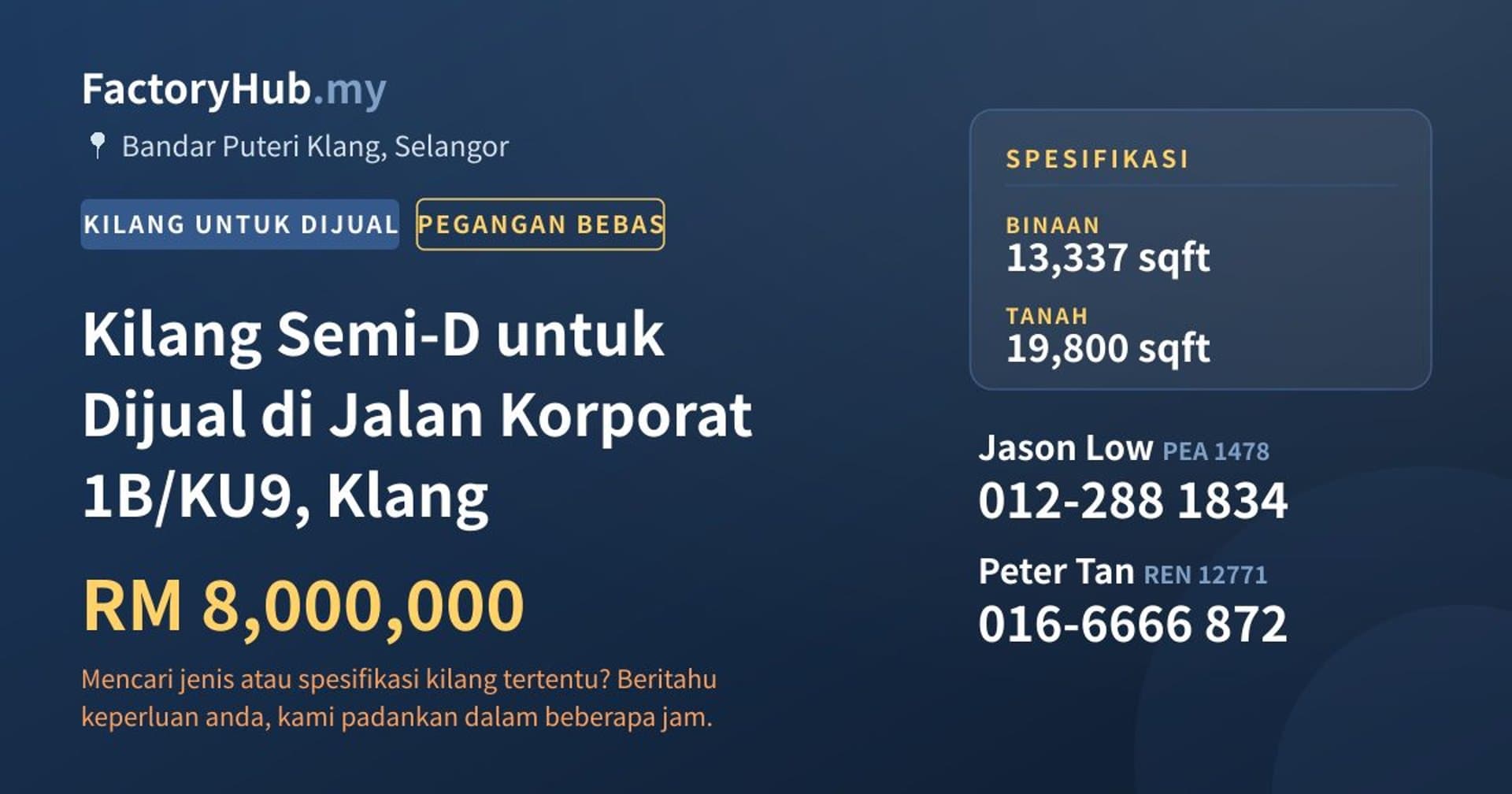 Kilang Semi-D untuk Dijual di Jalan Korporat 1B/KU9, Klang · Imej hartanah 1/2