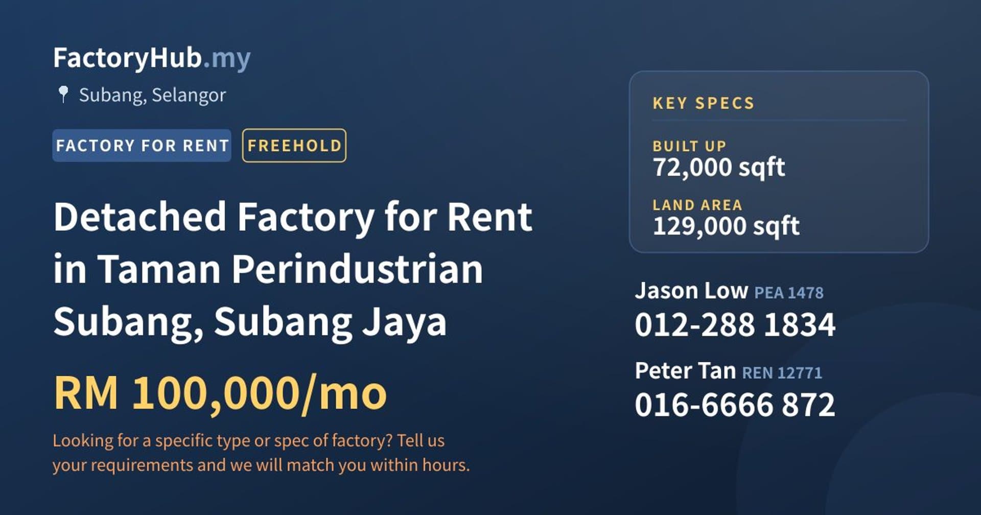Detached Factory for Rent in Taman Perindustrian Subang, Subang Jaya - Property image 1 of 2