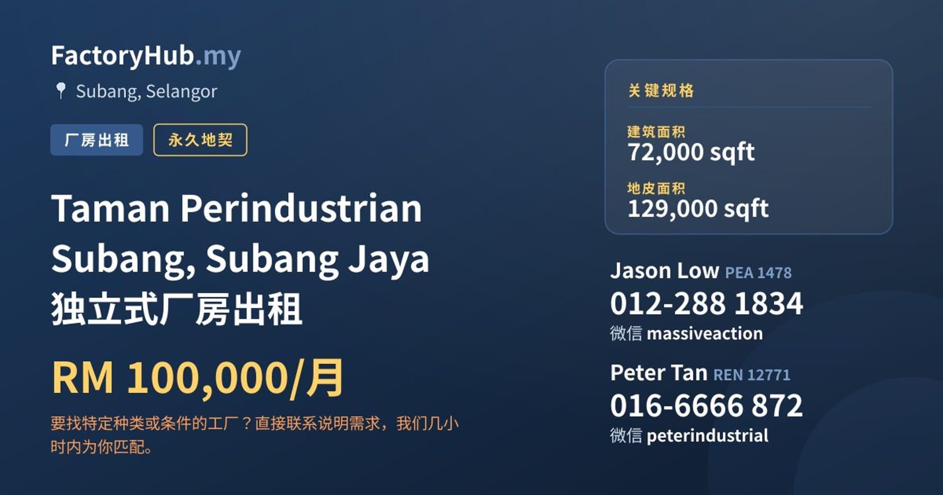 Taman Perindustrian Subang, Subang Jaya 独立式厂房出租 · 房源图片 1/2