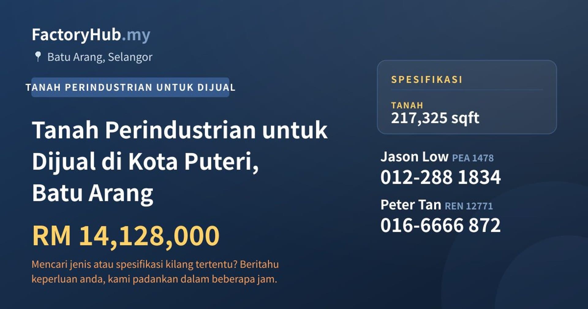Tanah Perindustrian untuk Dijual di Kota Puteri, Batu Arang · Imej hartanah 1/2