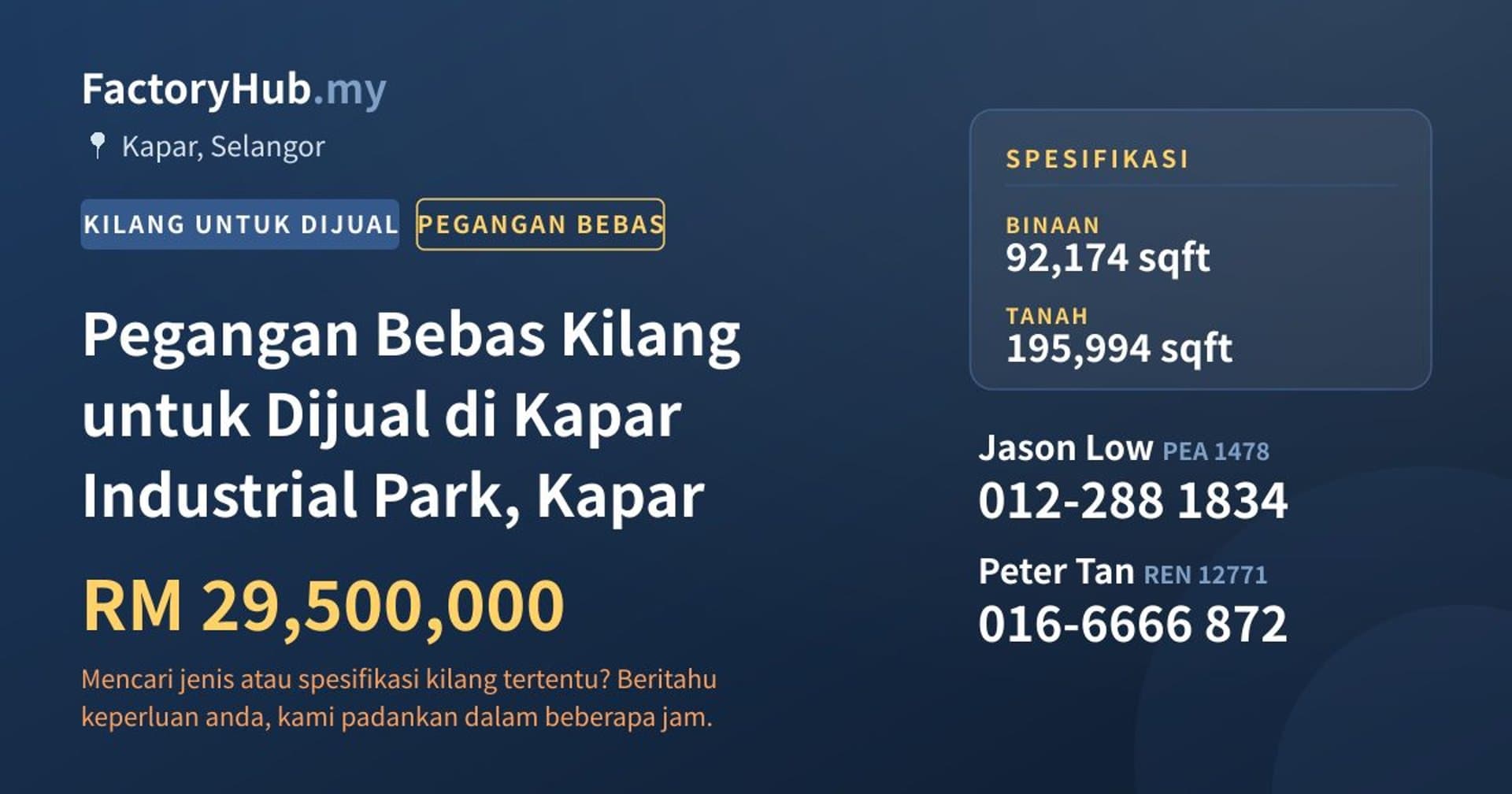 Pegangan Bebas Kilang untuk Dijual di Kapar Industrial Park, Kapar · Imej hartanah 1/2