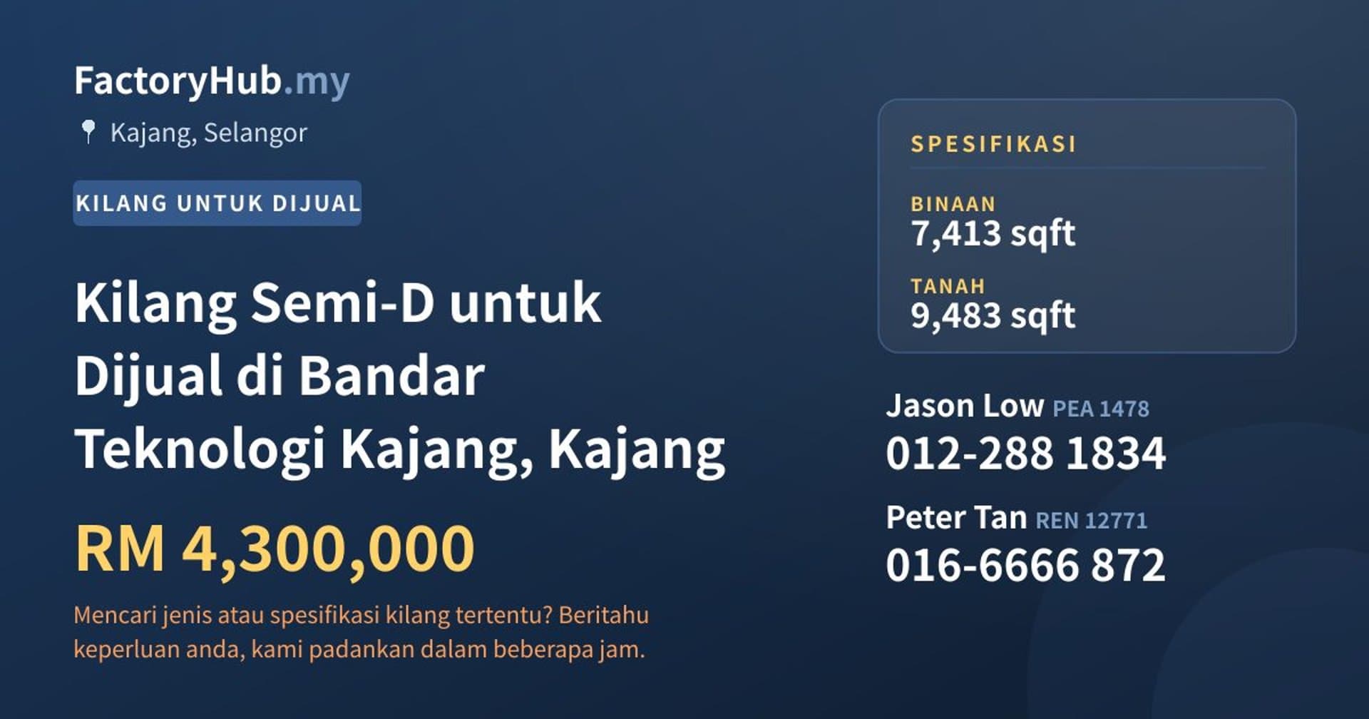 Kilang Semi-D untuk Dijual di Bandar Teknologi Kajang, Kajang · Imej hartanah 1/2