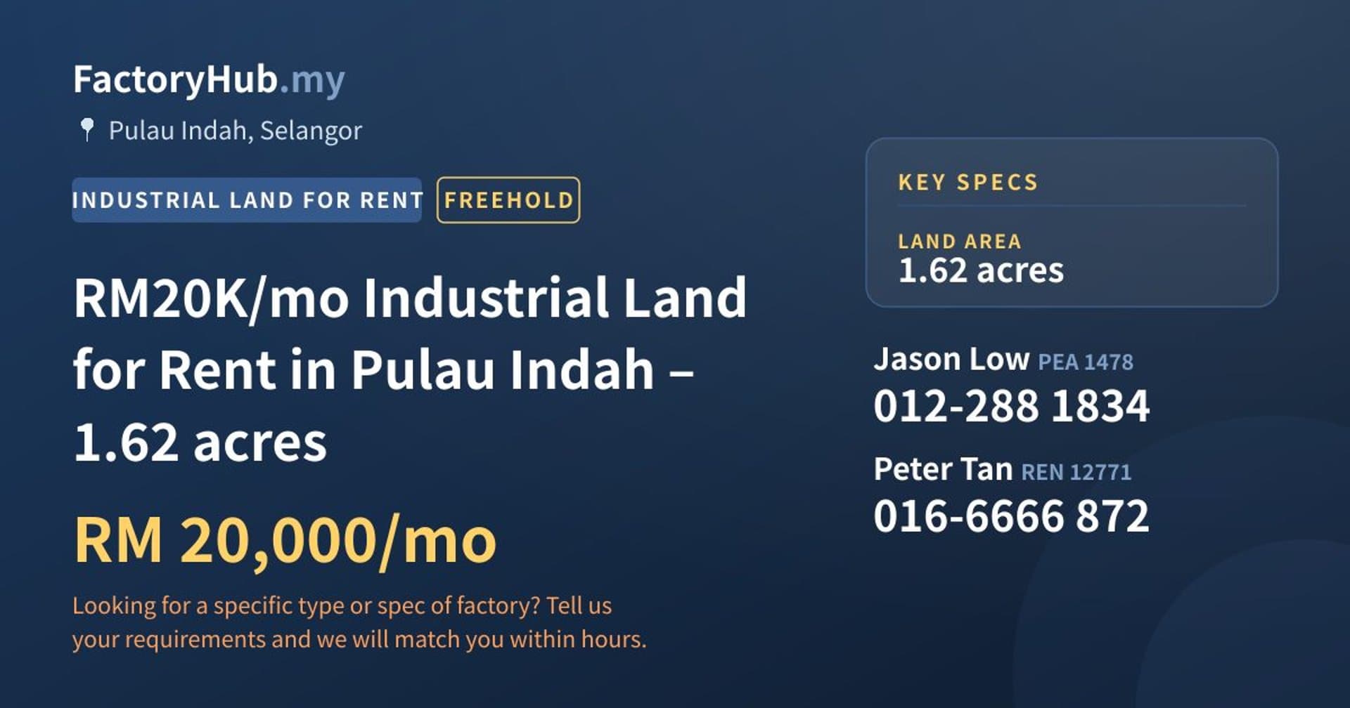 RM20K/mo Industrial Land for Rent in Pulau Indah – 1.62 acres - Property image 1 of 4