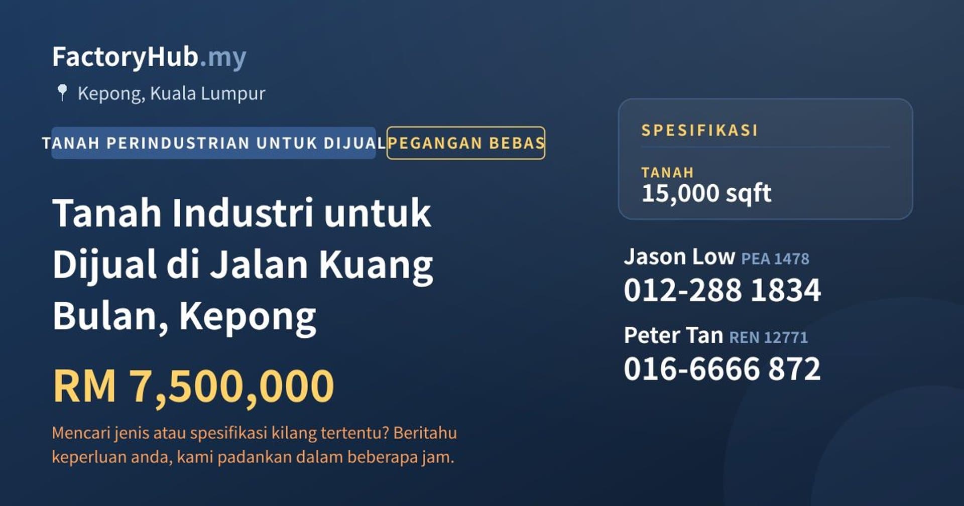 Tanah Industri untuk Dijual di Jalan Kuang Bulan, Kepong · Imej hartanah 1/2