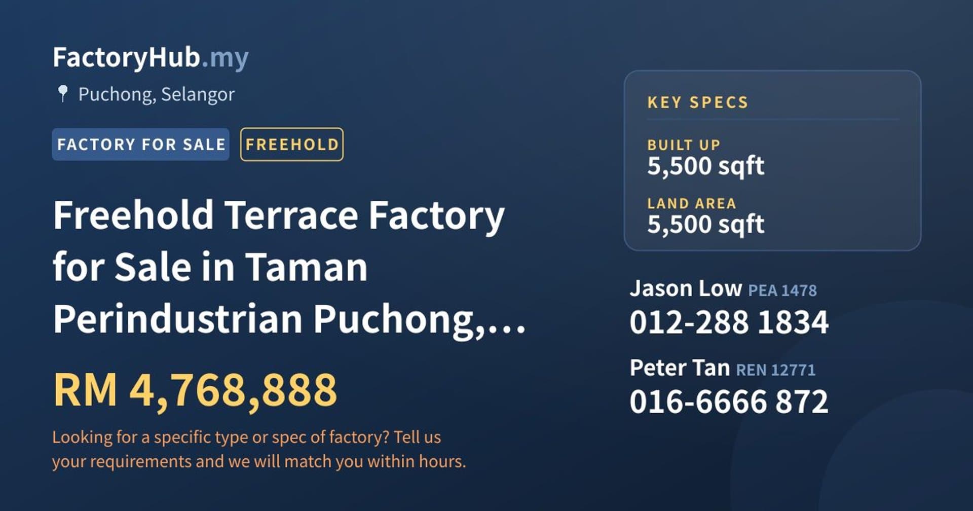 Freehold Terrace Factory for Sale in Taman Perindustrian Puchong, Puchong - Property image 1 of 2