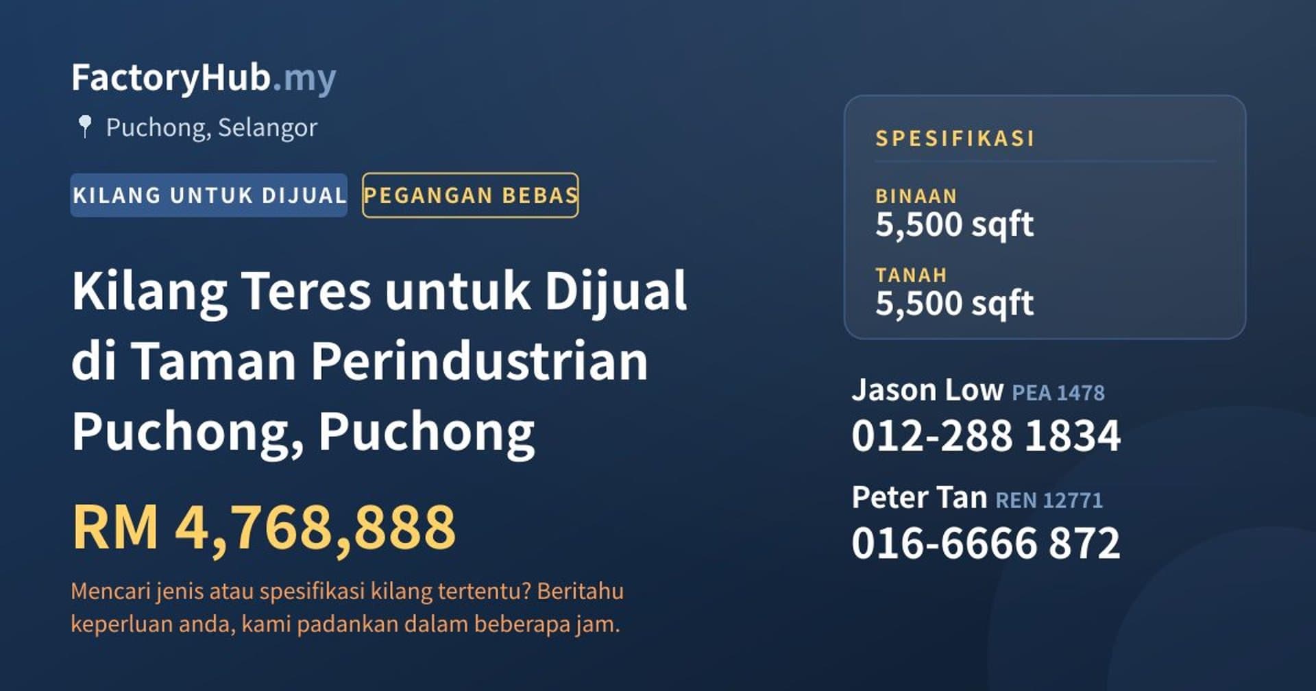 Kilang Teres untuk Dijual di Taman Perindustrian Puchong, Puchong · Imej hartanah 1/2