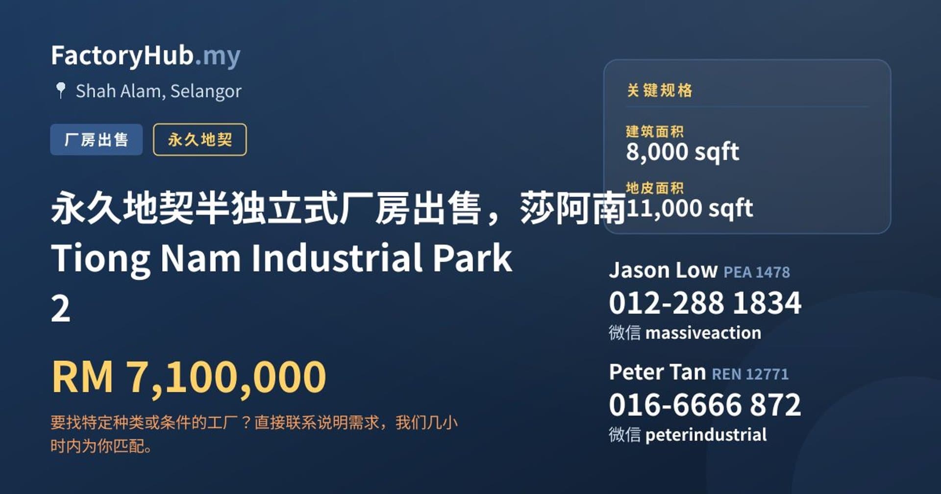 永久地契半独立式厂房出售，莎阿南 Tiong Nam Industrial Park 2 · 房源图片 1/2