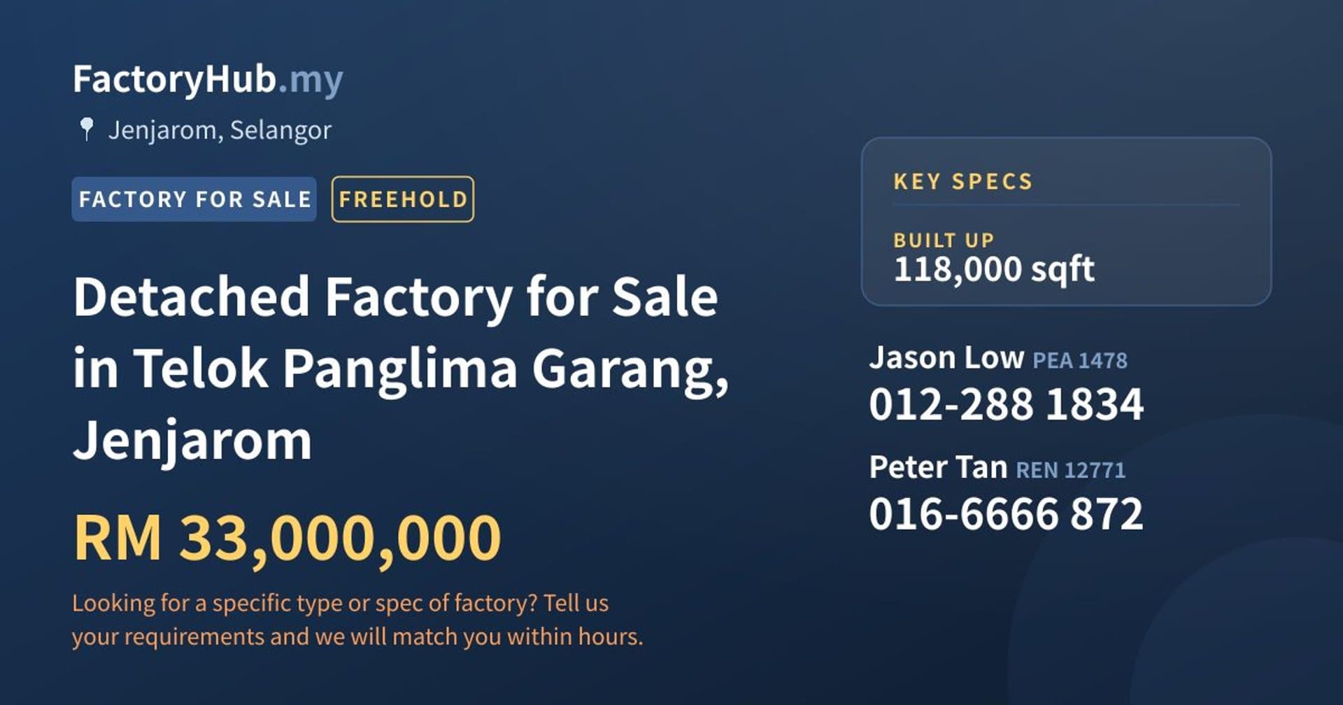 Detached Factory for Sale in Telok Panglima Garang, Jenjarom - Property image 1 of 2